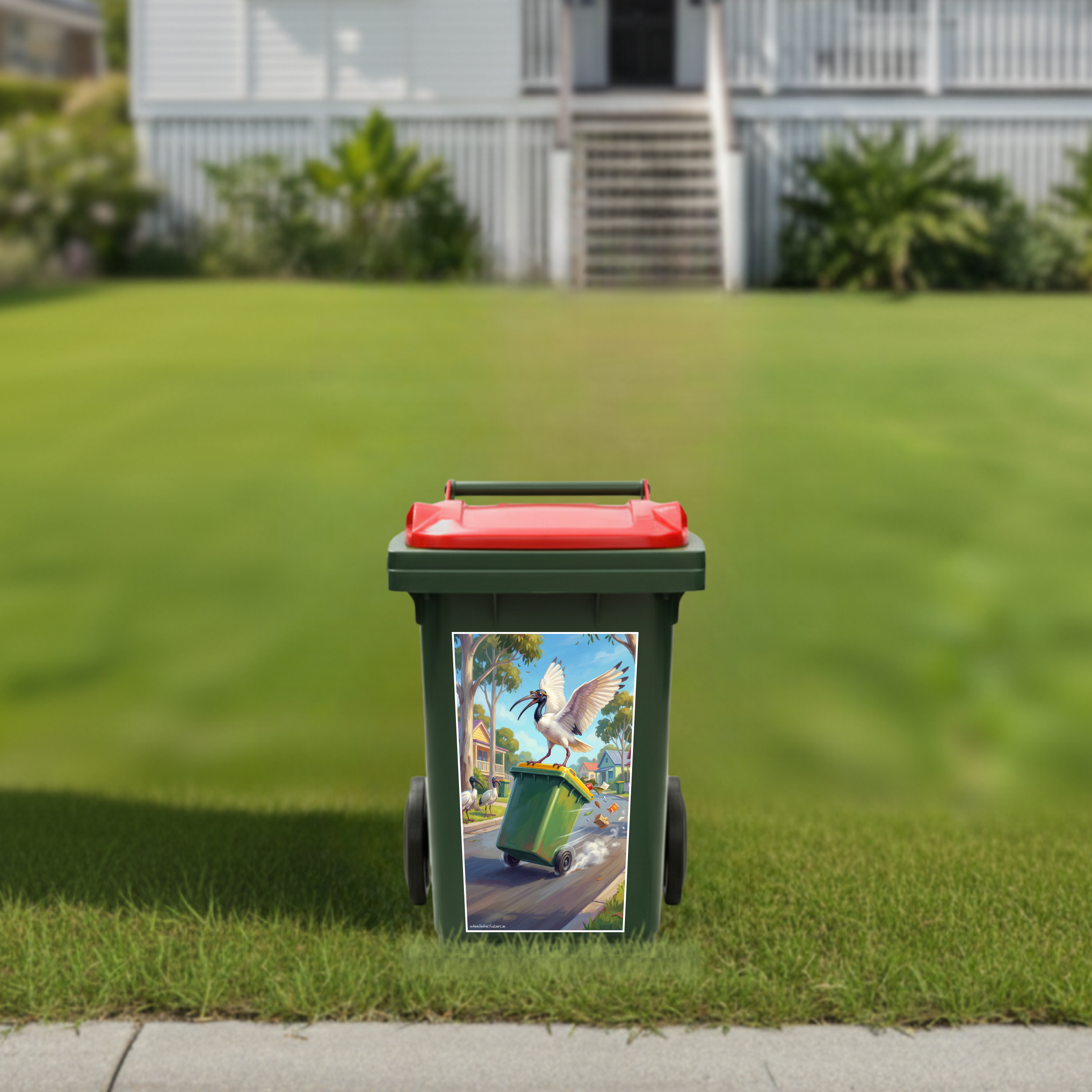 Surfing bin chicken wheelie bin sticker