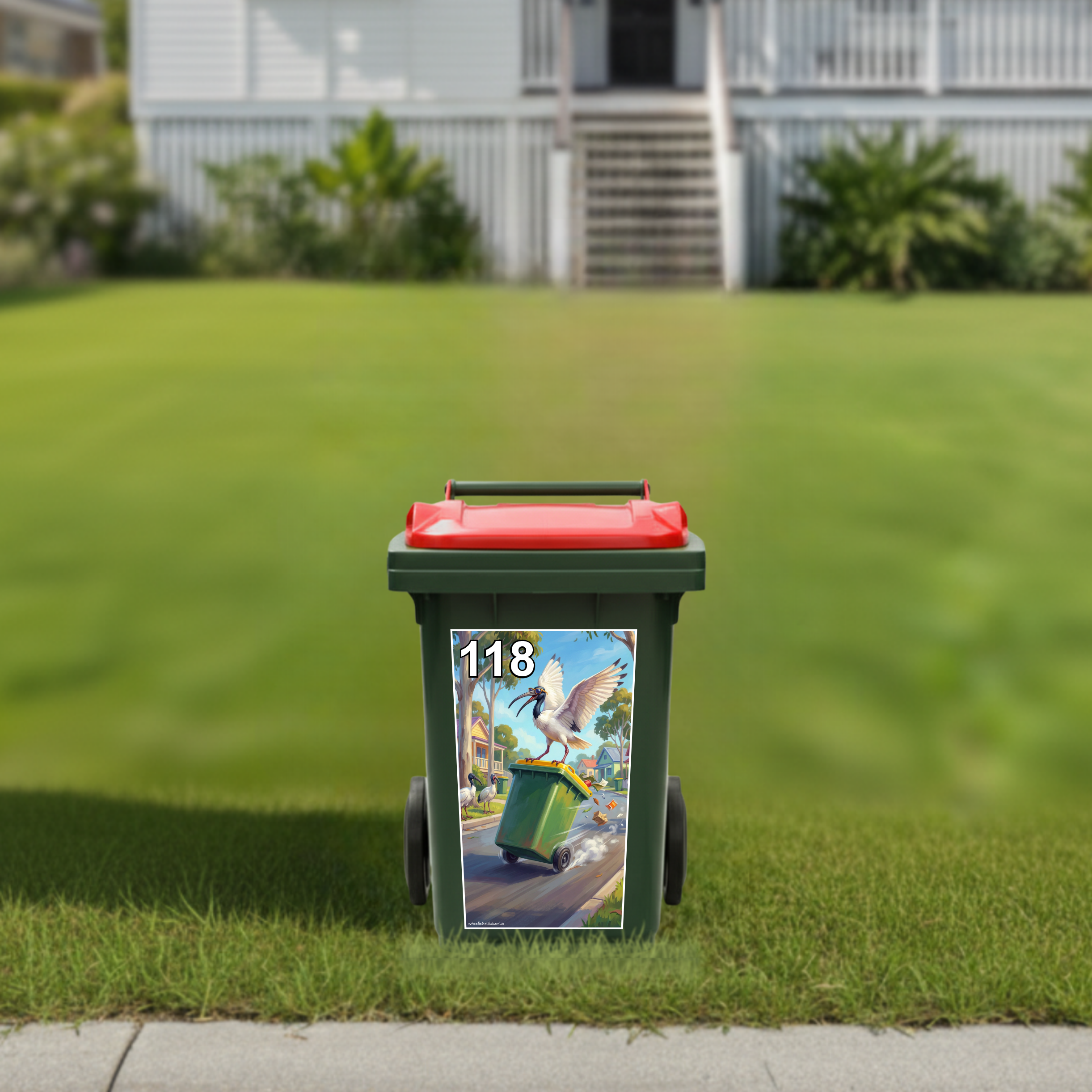 Surfing bin chicken wheelie bin sticker