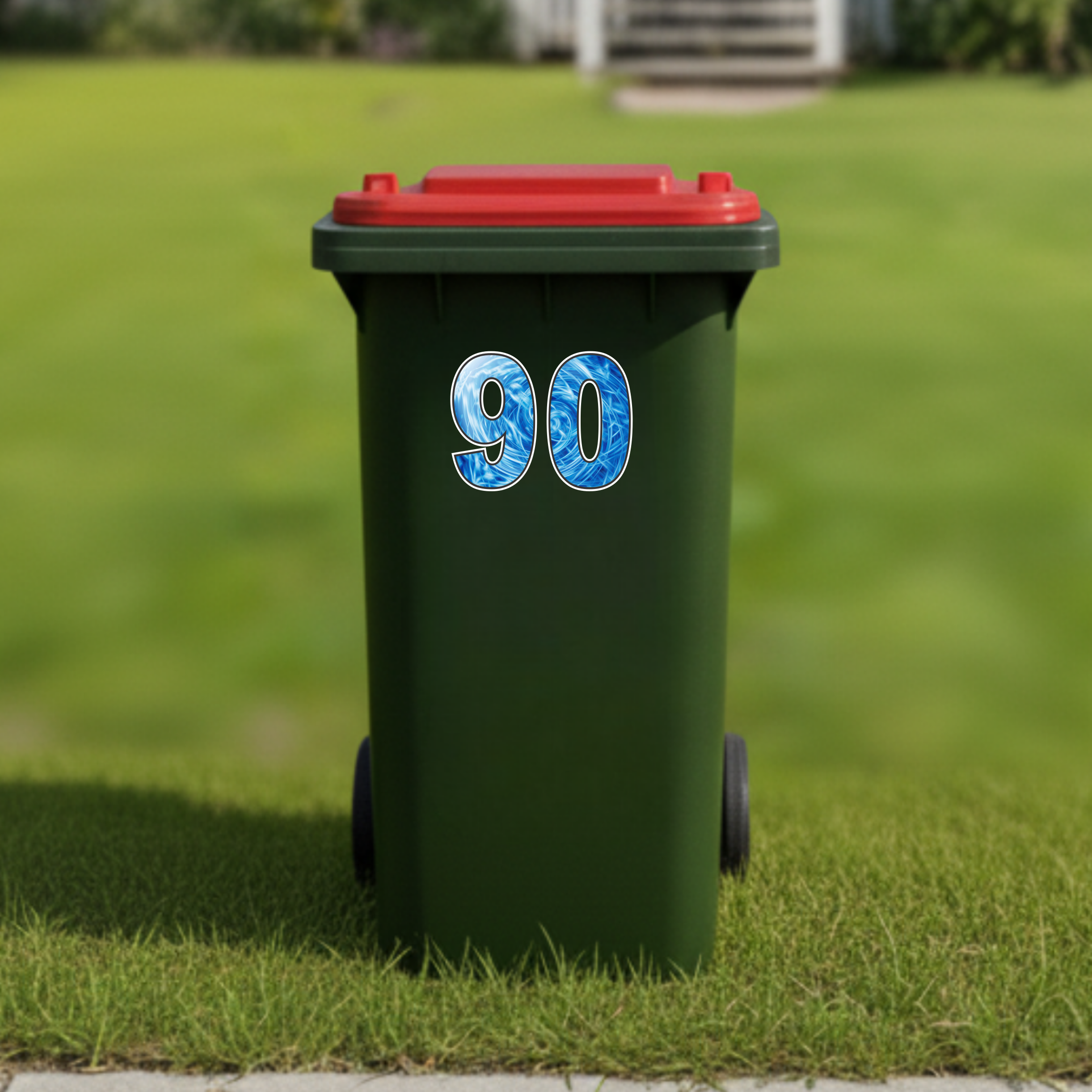 House number stickers for wheelie bins - Checkerplate, Rainbow & Blue Swirl
