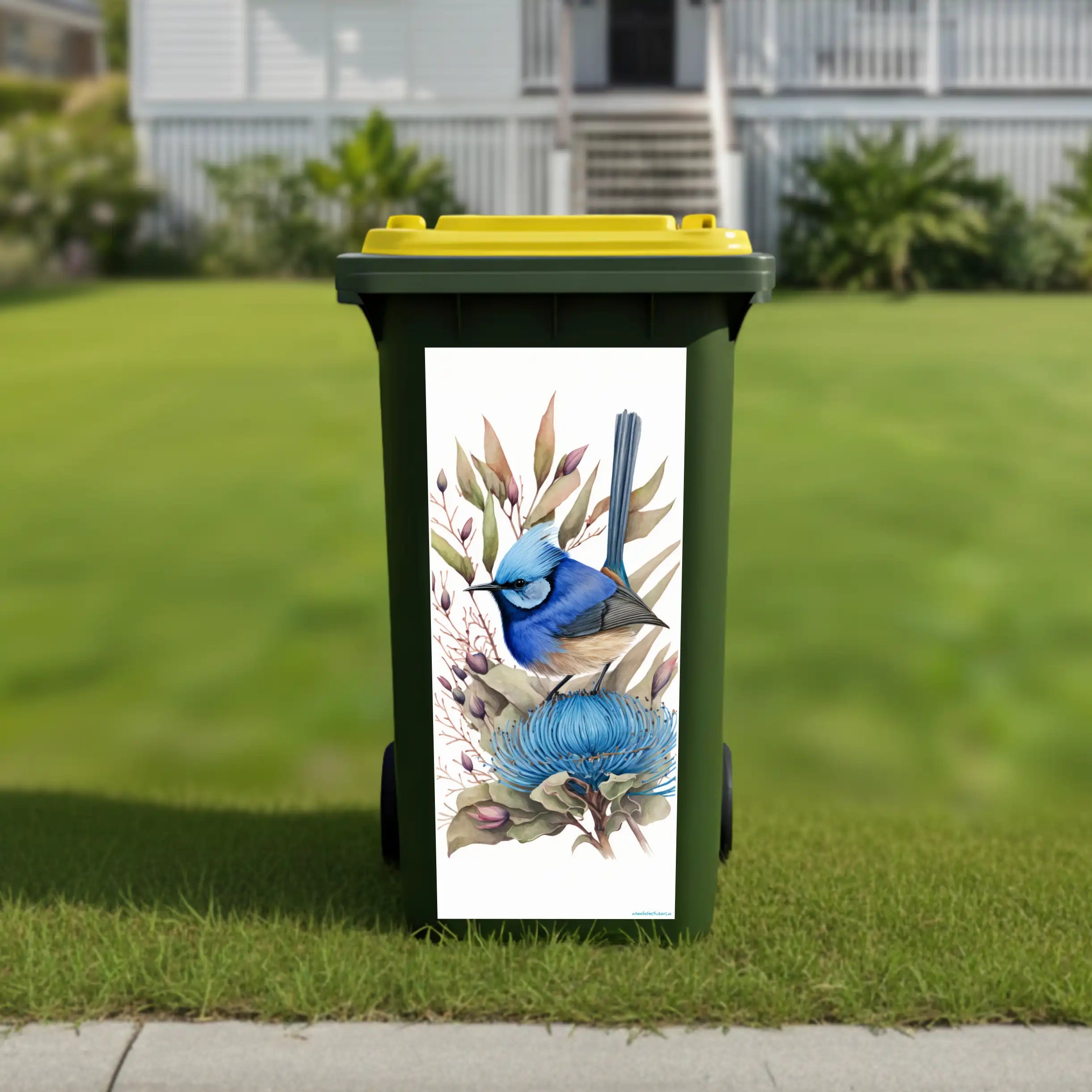 Blue wren painting wheelie bin sticker