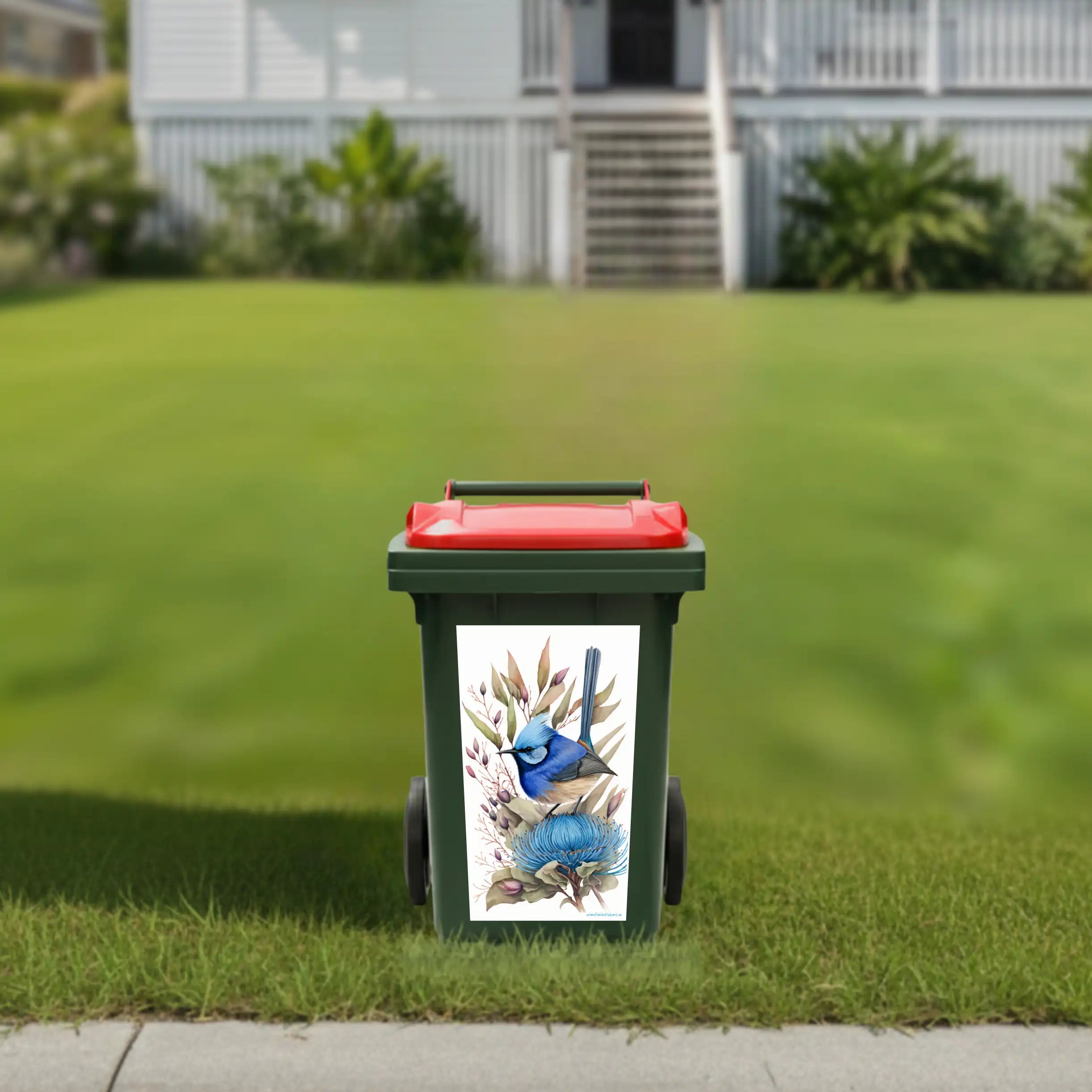 Blue wren painting wheelie bin sticker