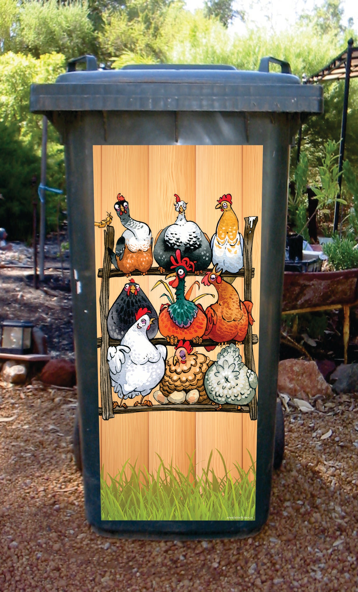 Chooks on a perch wheelie bin sticker