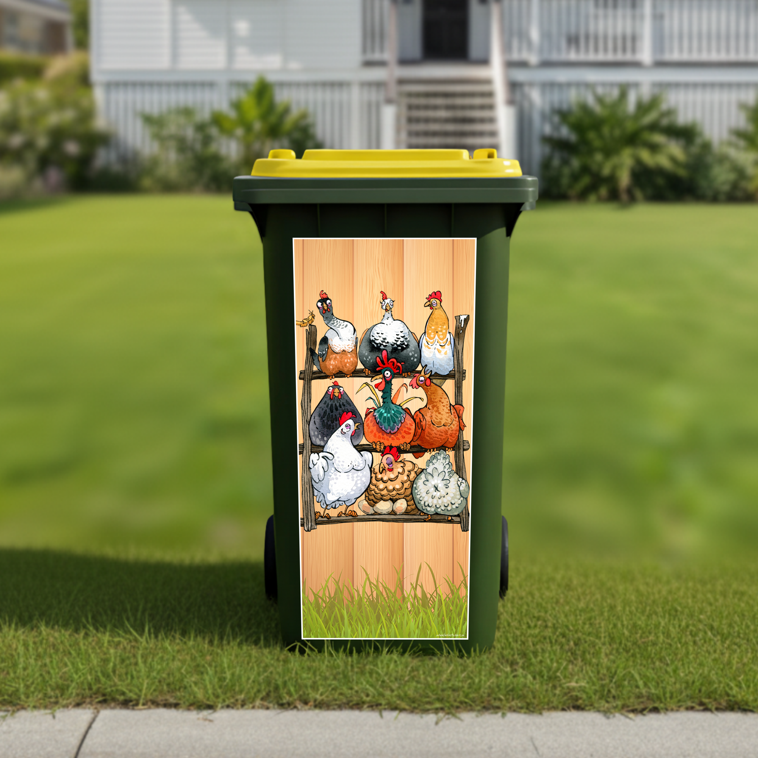 Chooks on a perch wheelie bin sticker
