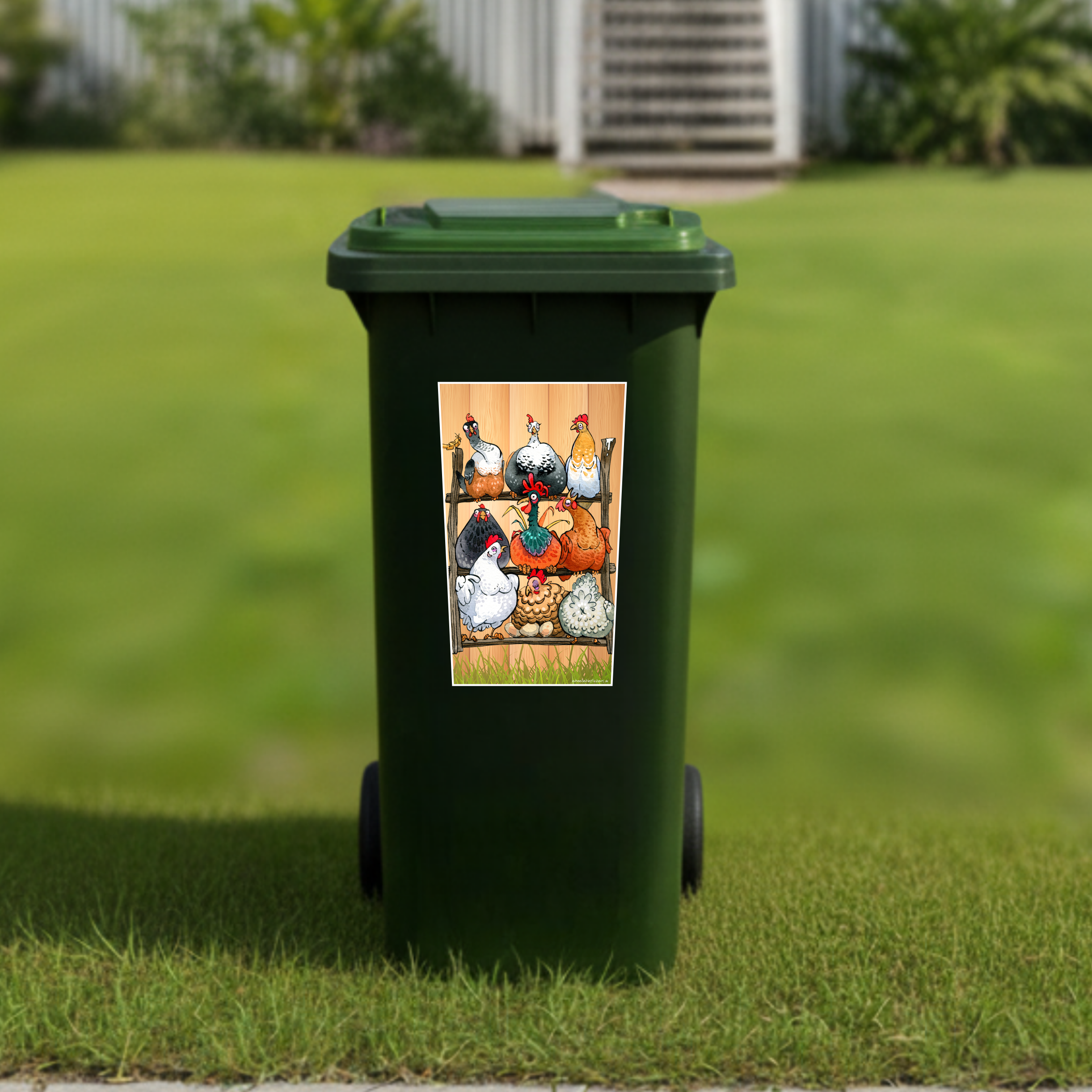 Chooks on a perch wheelie bin sticker