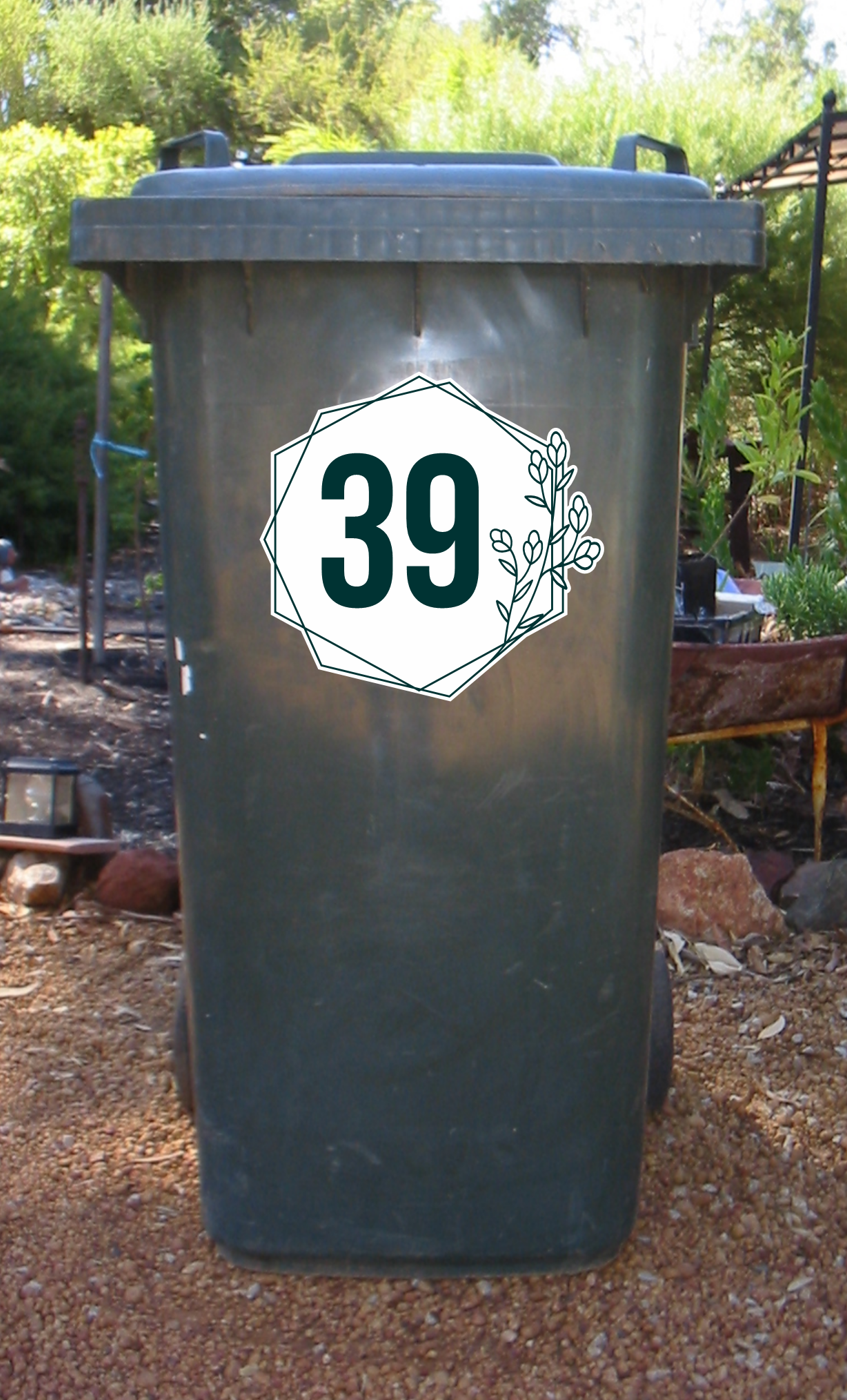 House number with flower border wheelie bin sticker