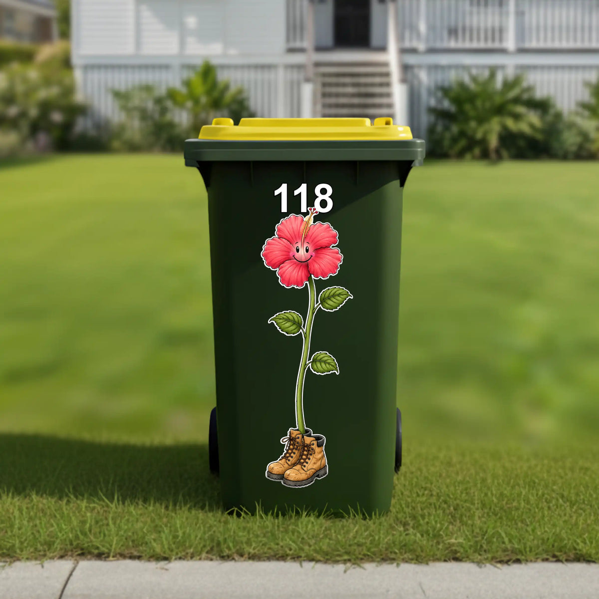 Happy hibiscus in workboots wheelie bin sticker
