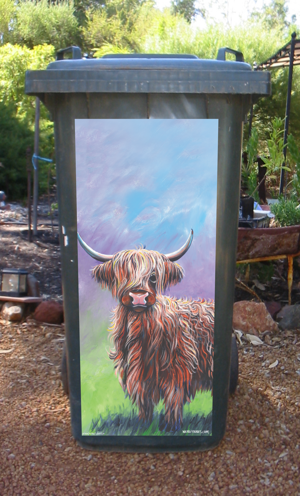 'Mr Highland' cow wheelie bin sticker