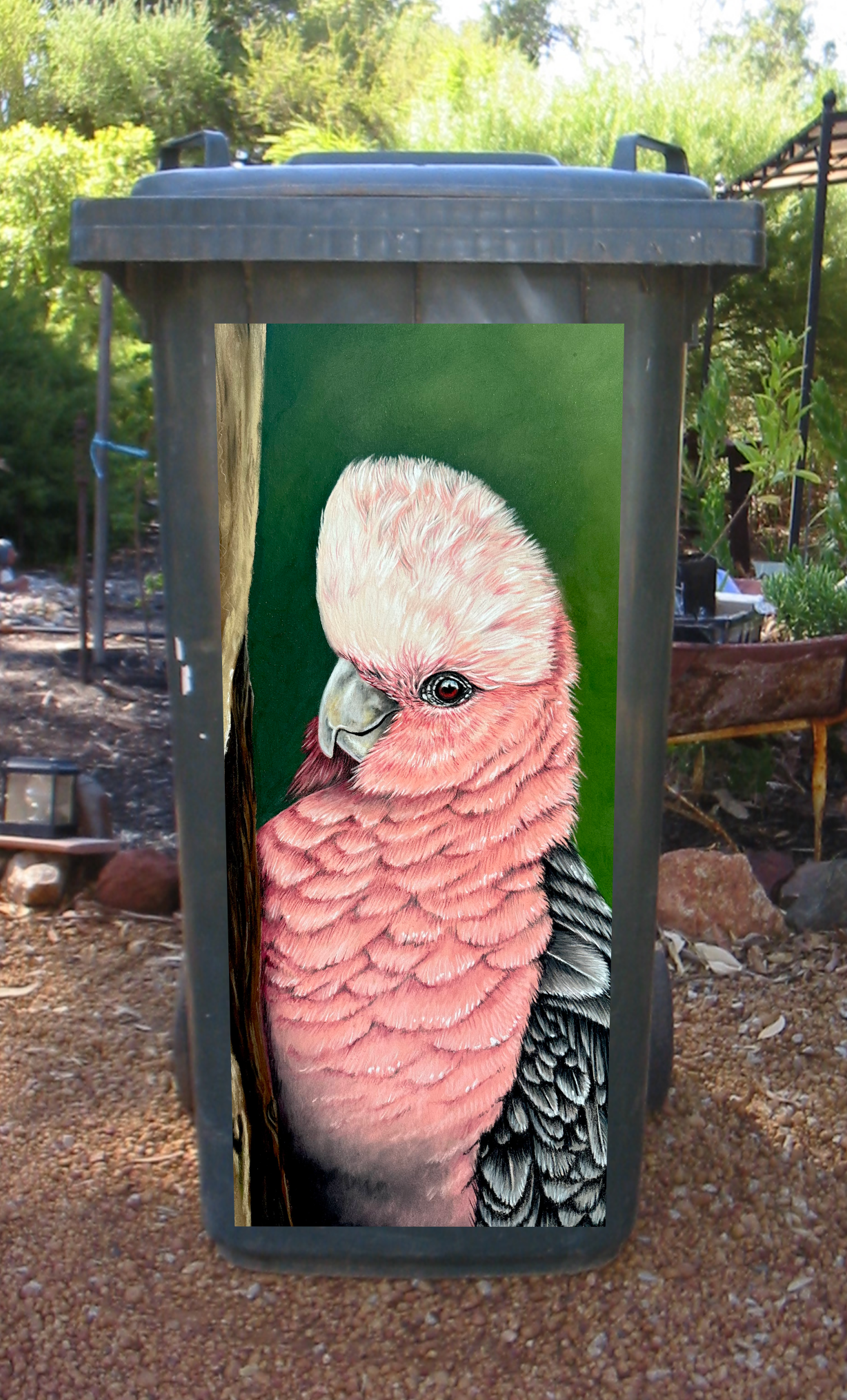 Pink and grey galah wheelie bin sticker