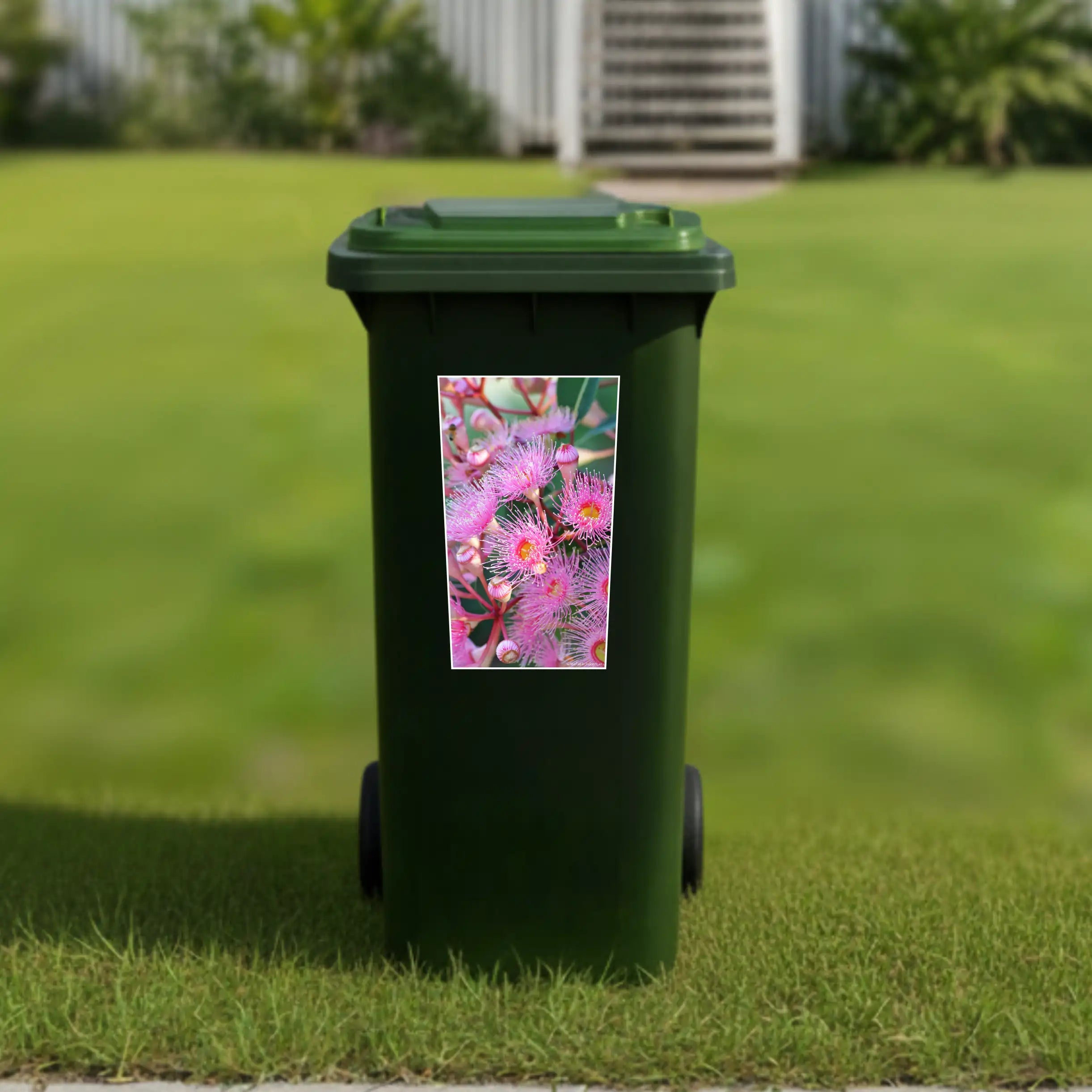 Pink Flower Gum wheelie bin sticker Australia featuring colourful Australian native eucalyptus blossom artwork