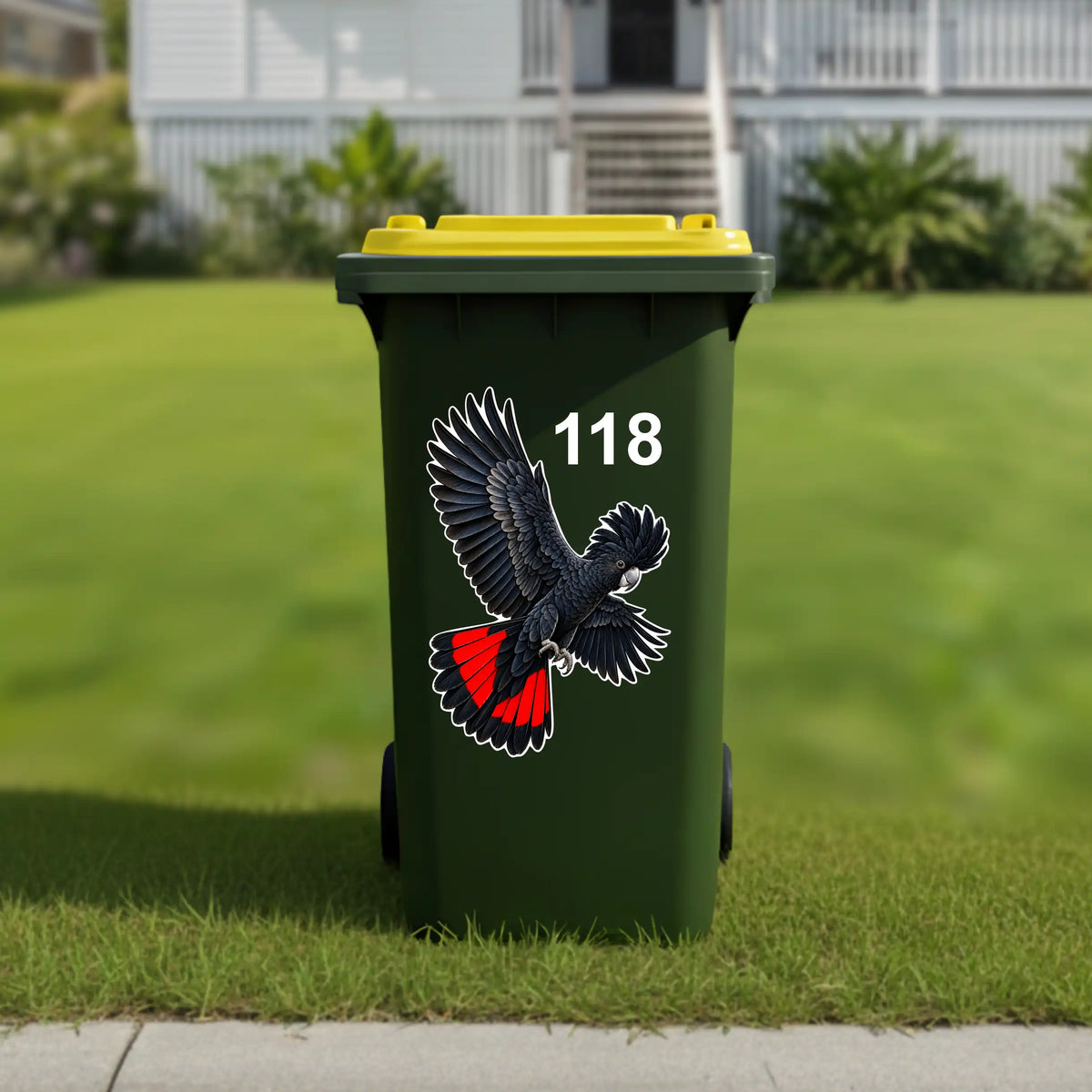 Flying red tailed cockatoo wheelie bin sticker