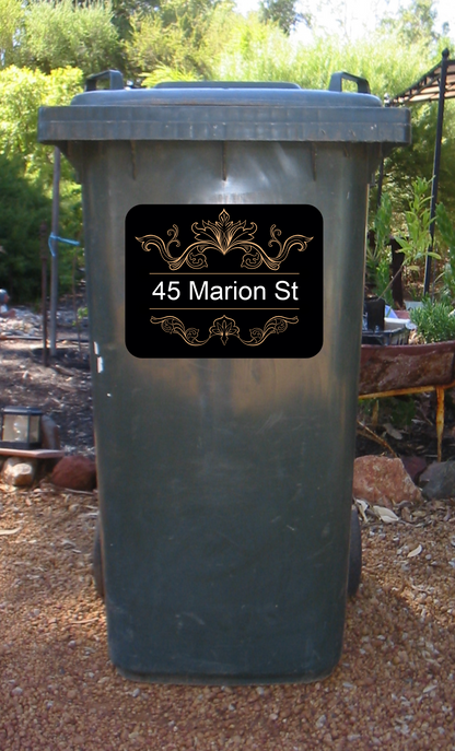 Decorative house number and street with scroll patterns name wheelie bin sticker