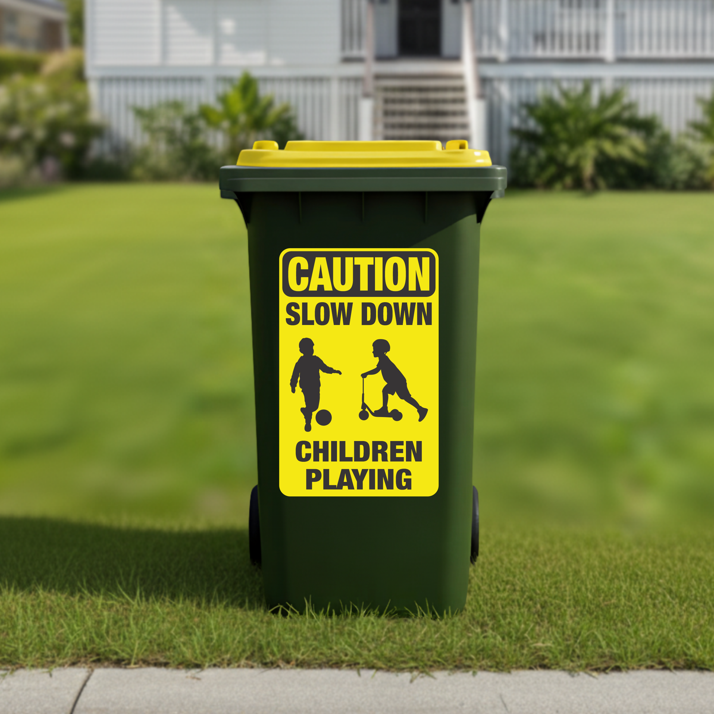 Caution slow down children playing wheelie bin sticker