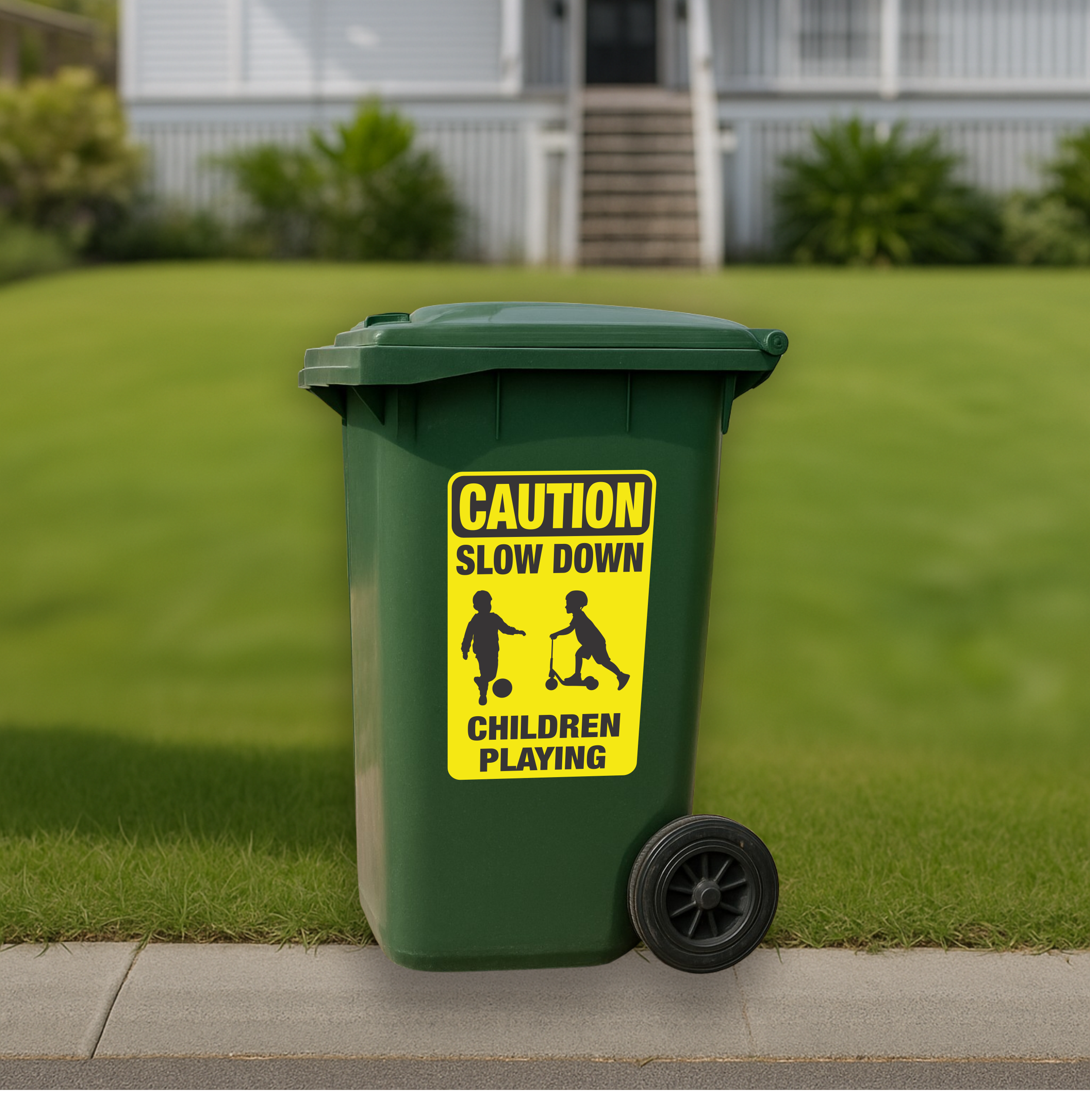 Caution slow down children playing wheelie bin sticker