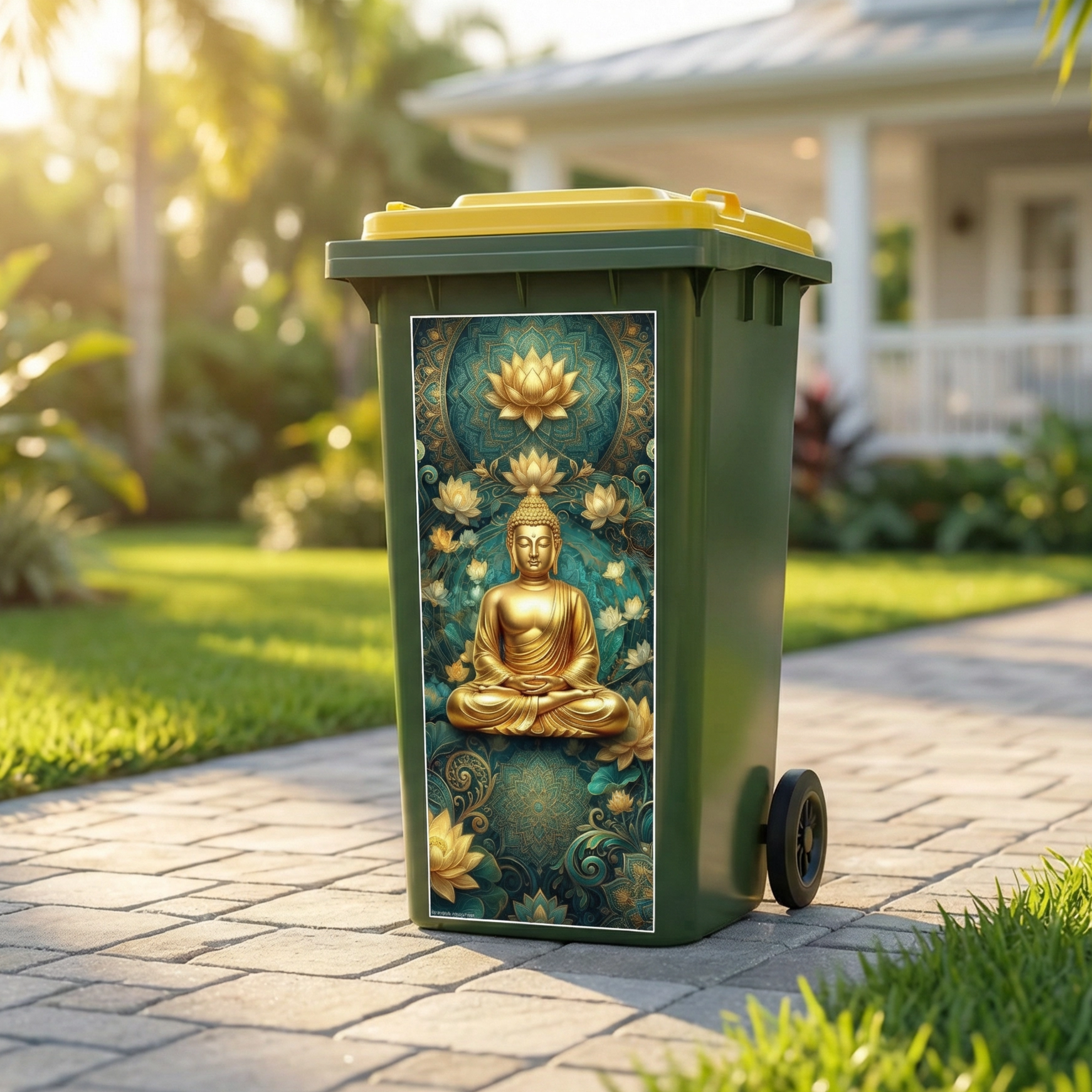 Golden buddah wheelie bin sticker