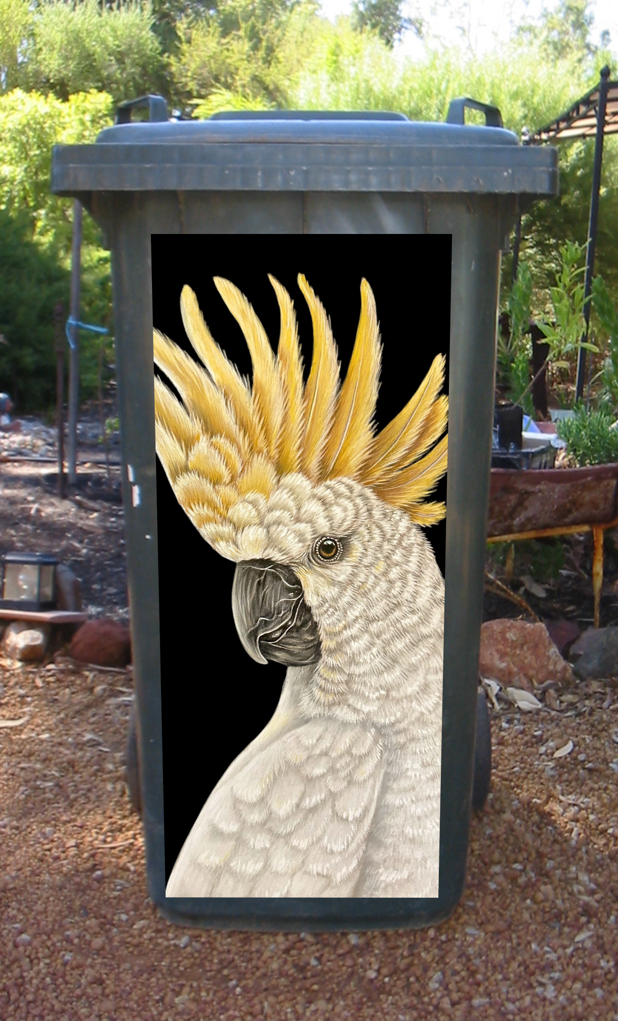 Yellow cockatoo wheelie bin sticker