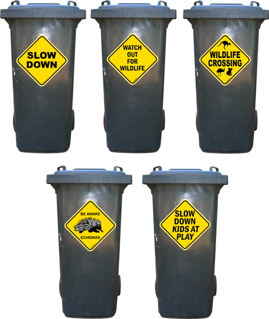 Wildlife and kids warning stickers for wheelie bins