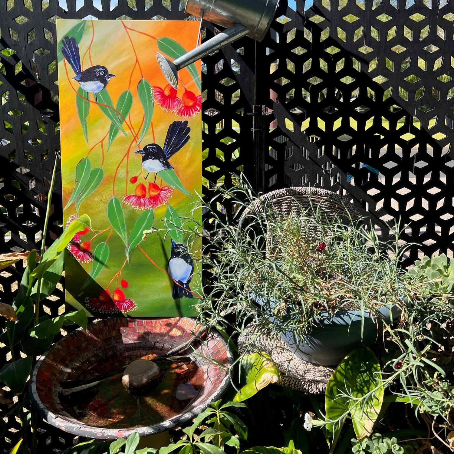 Willy wagtail garden art panel