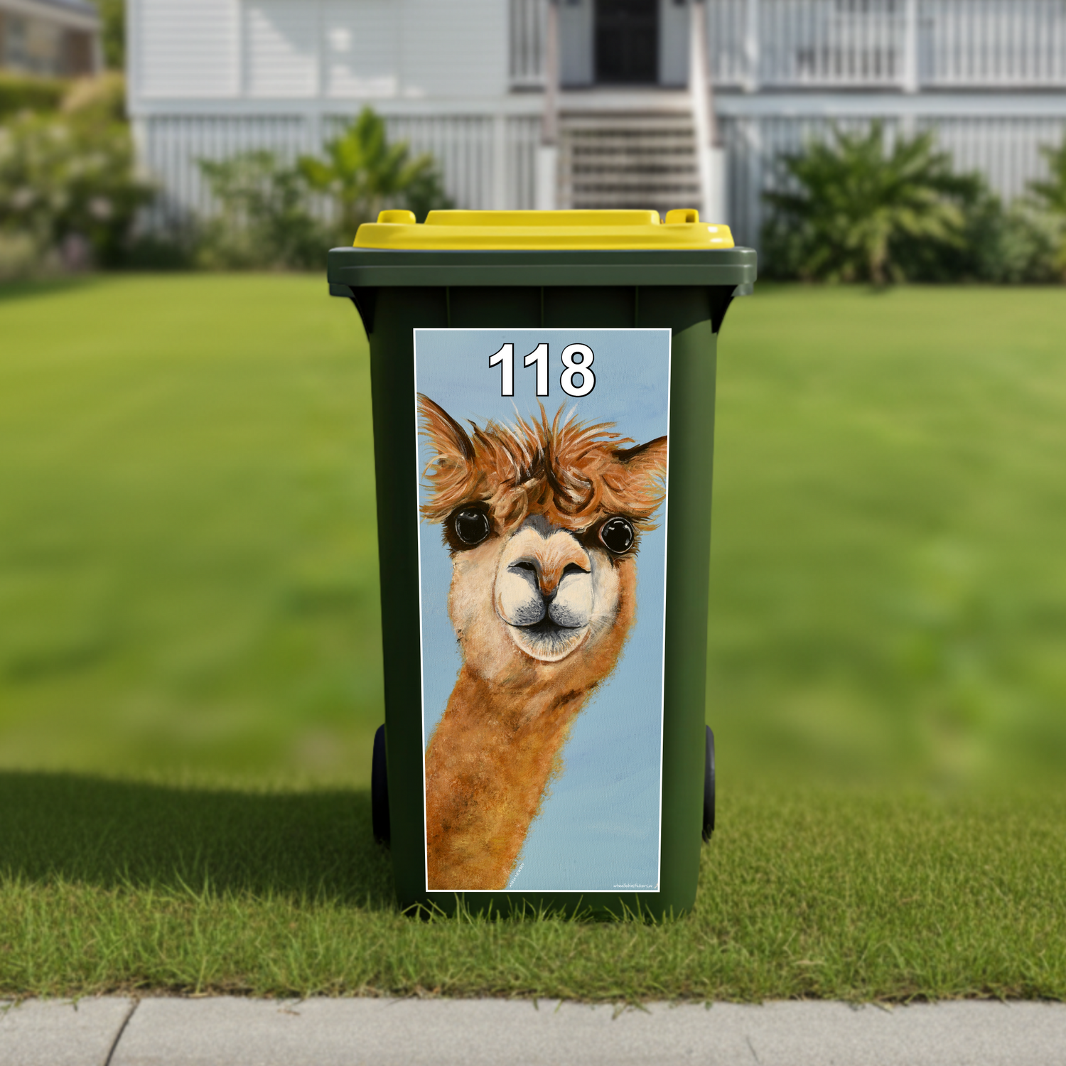 Alf the alpaca wheelie bin sticker