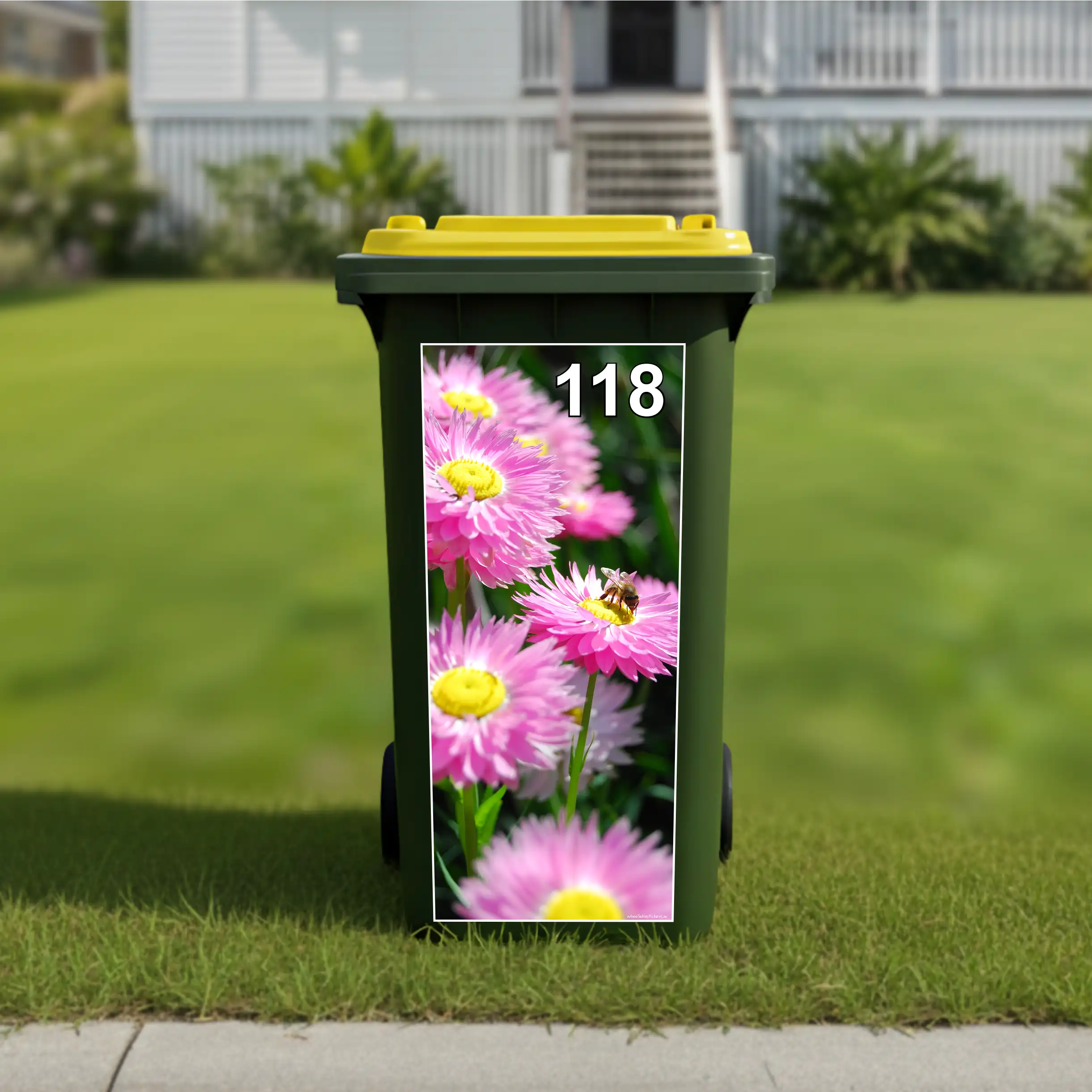 Bee on daisy wheelie bin sticker