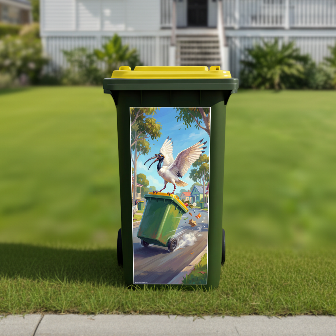 Surfing bin chicken wheelie bin sticker
