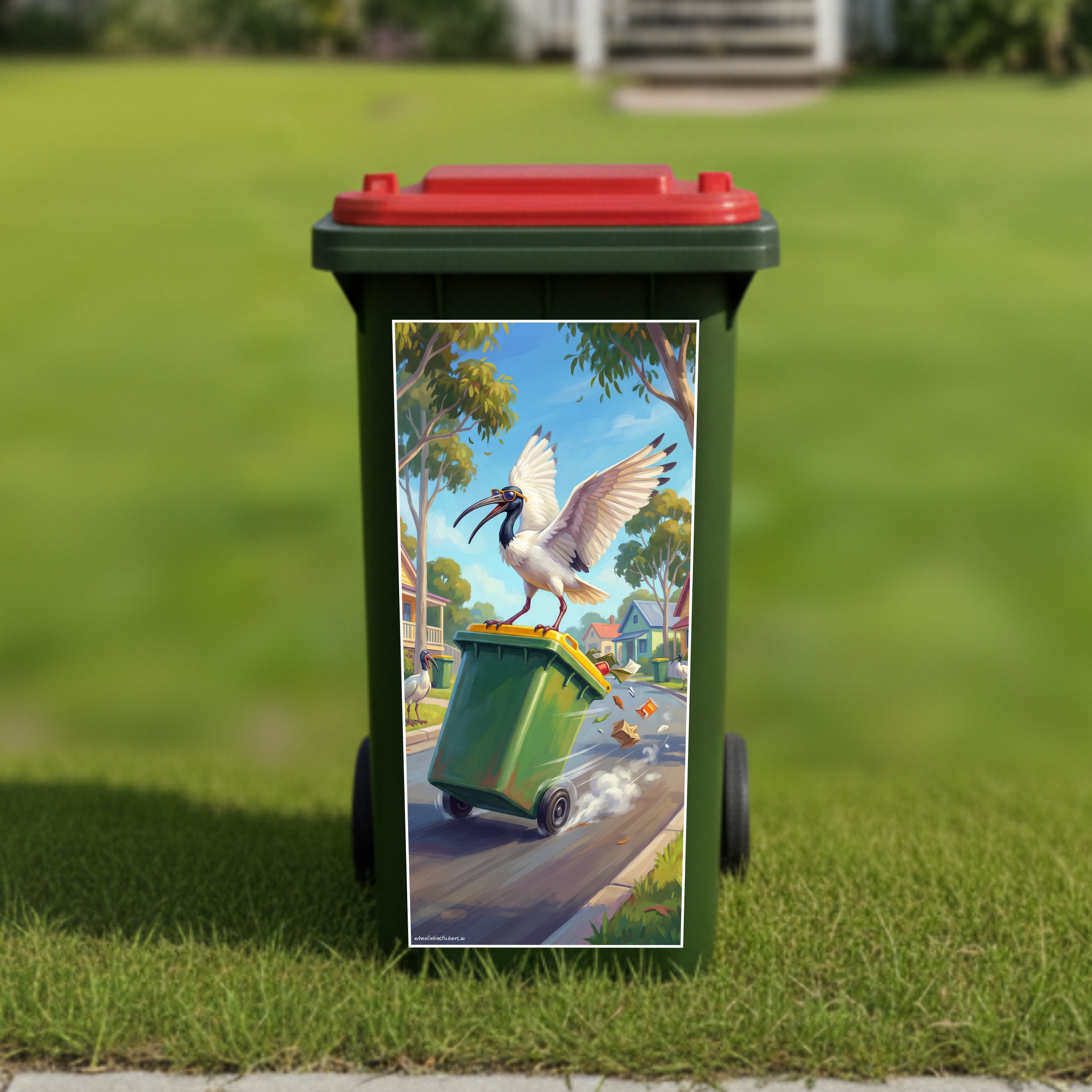 Surfing bin chicken wheelie bin sticker