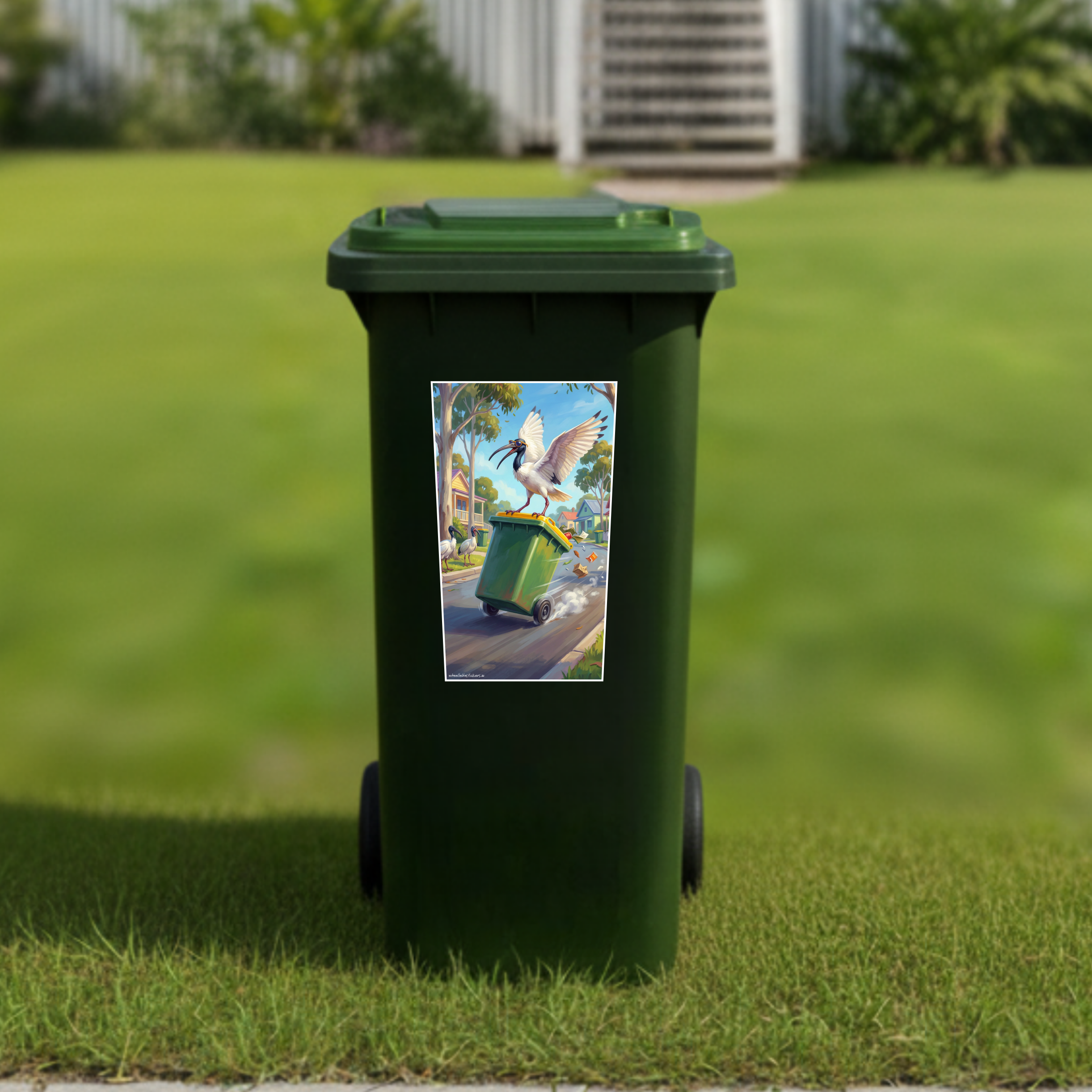 Surfing bin chicken wheelie bin sticker