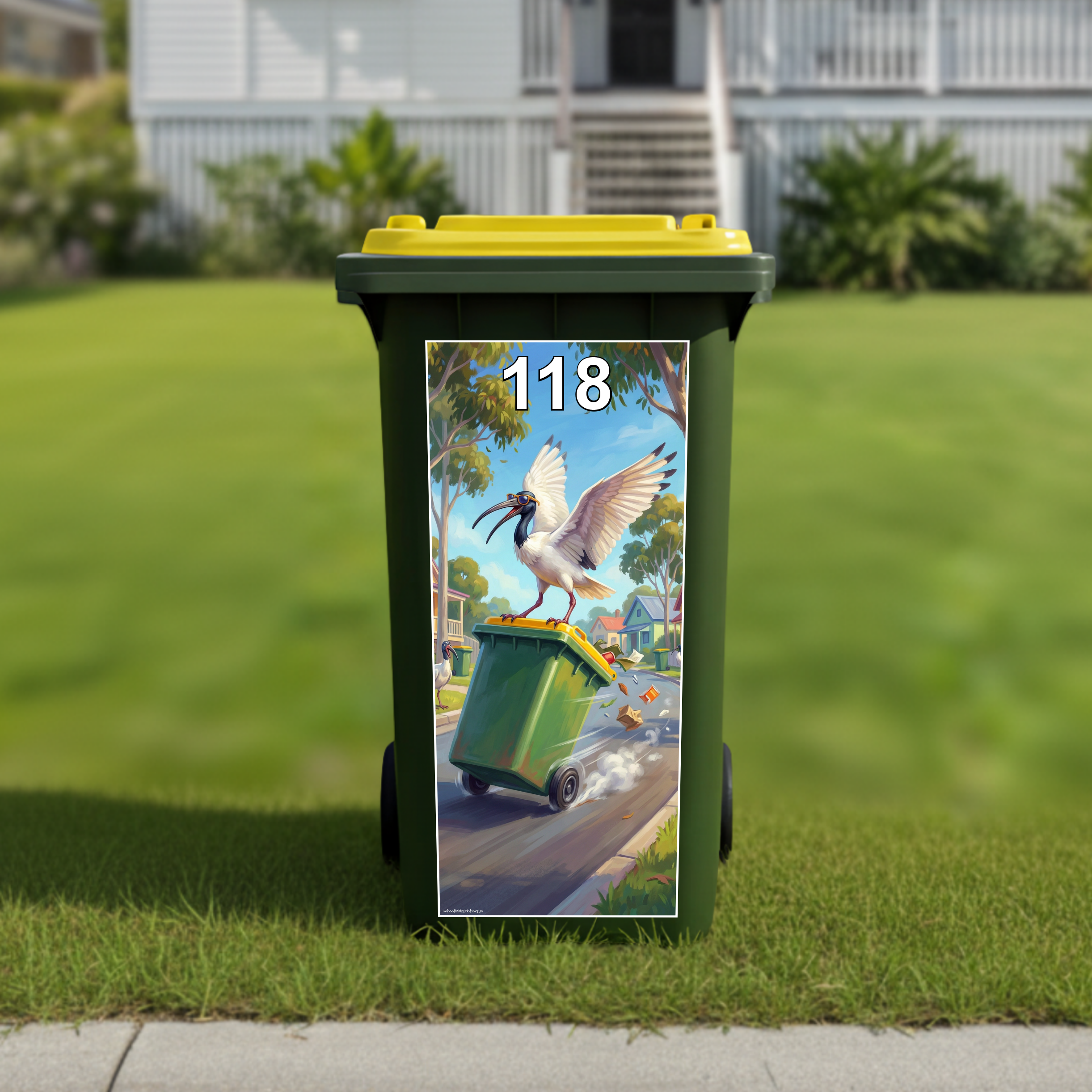 Surfing bin chicken wheelie bin sticker
