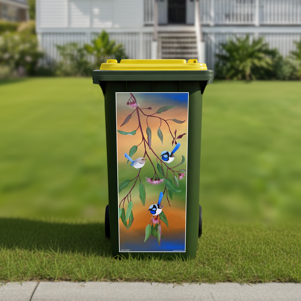 Dancing blue wrens wheelie bin sticker