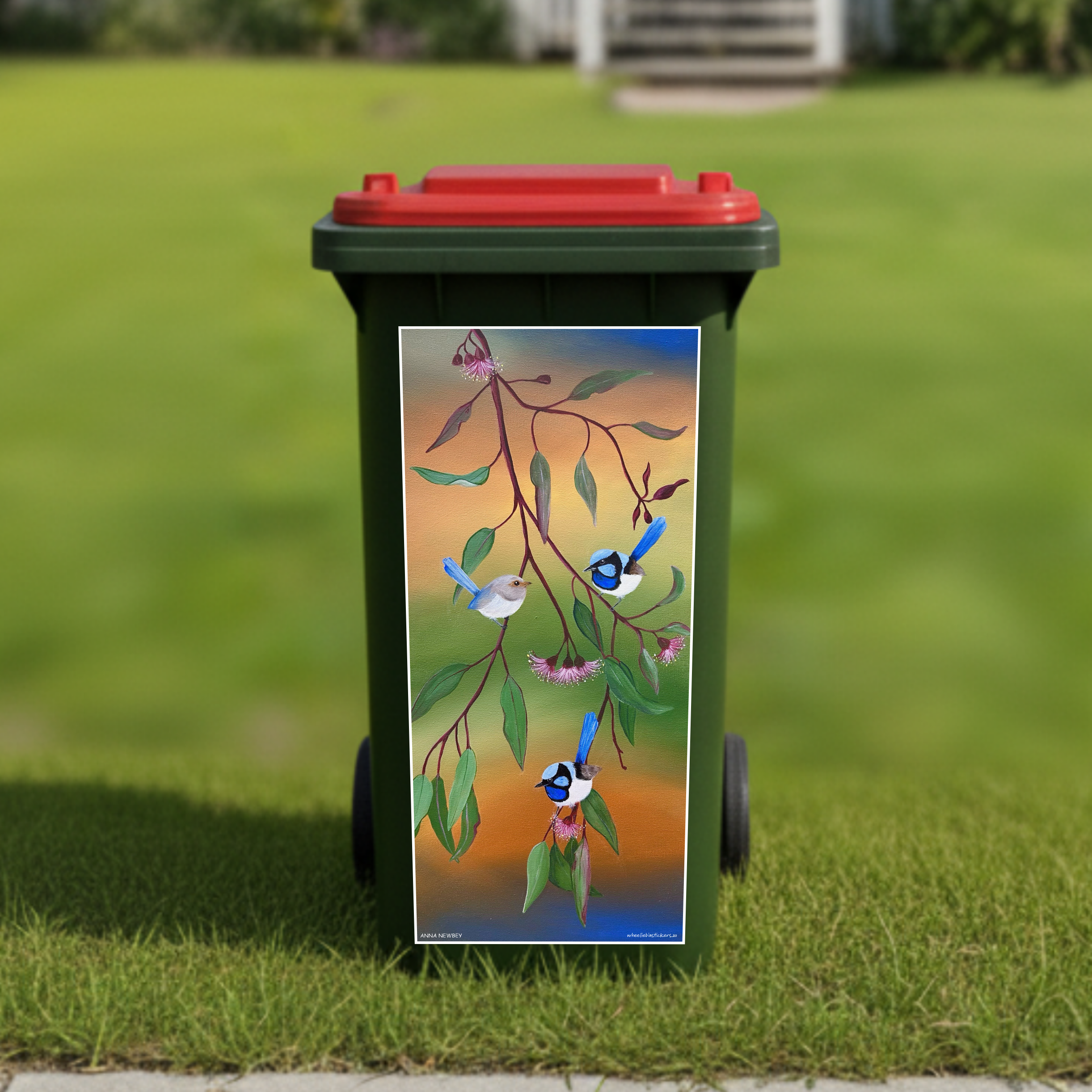 Dancing blue wrens wheelie bin sticker