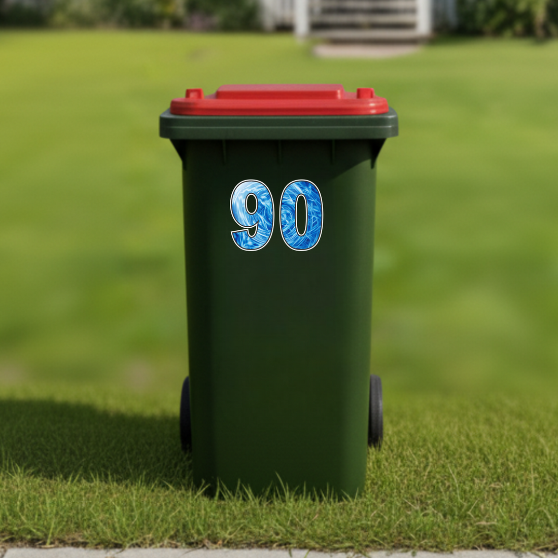 House number stickers for wheelie bins - Checkerplate, Rainbow &amp; Blue Swirl