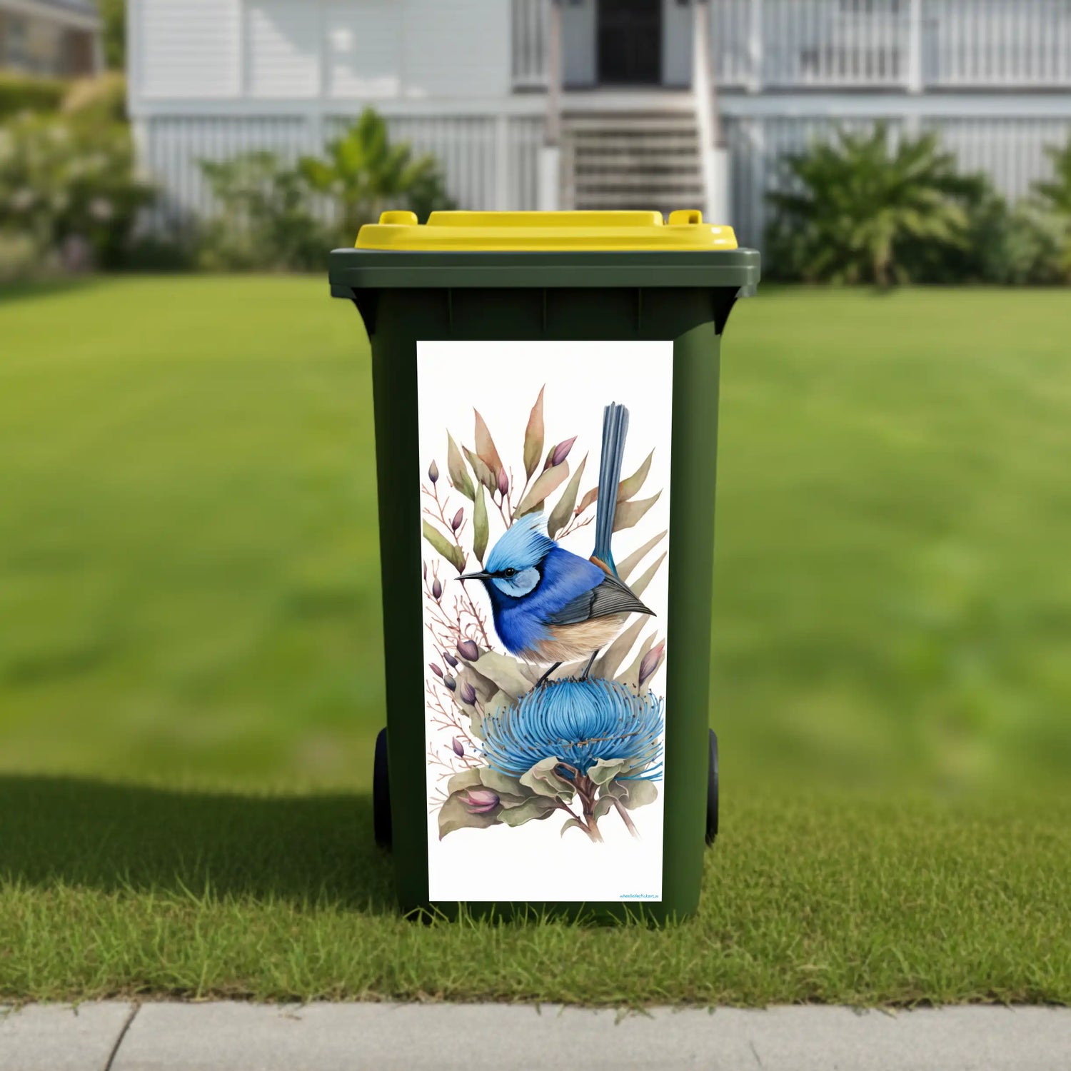 Blue wren painting wheelie bin sticker