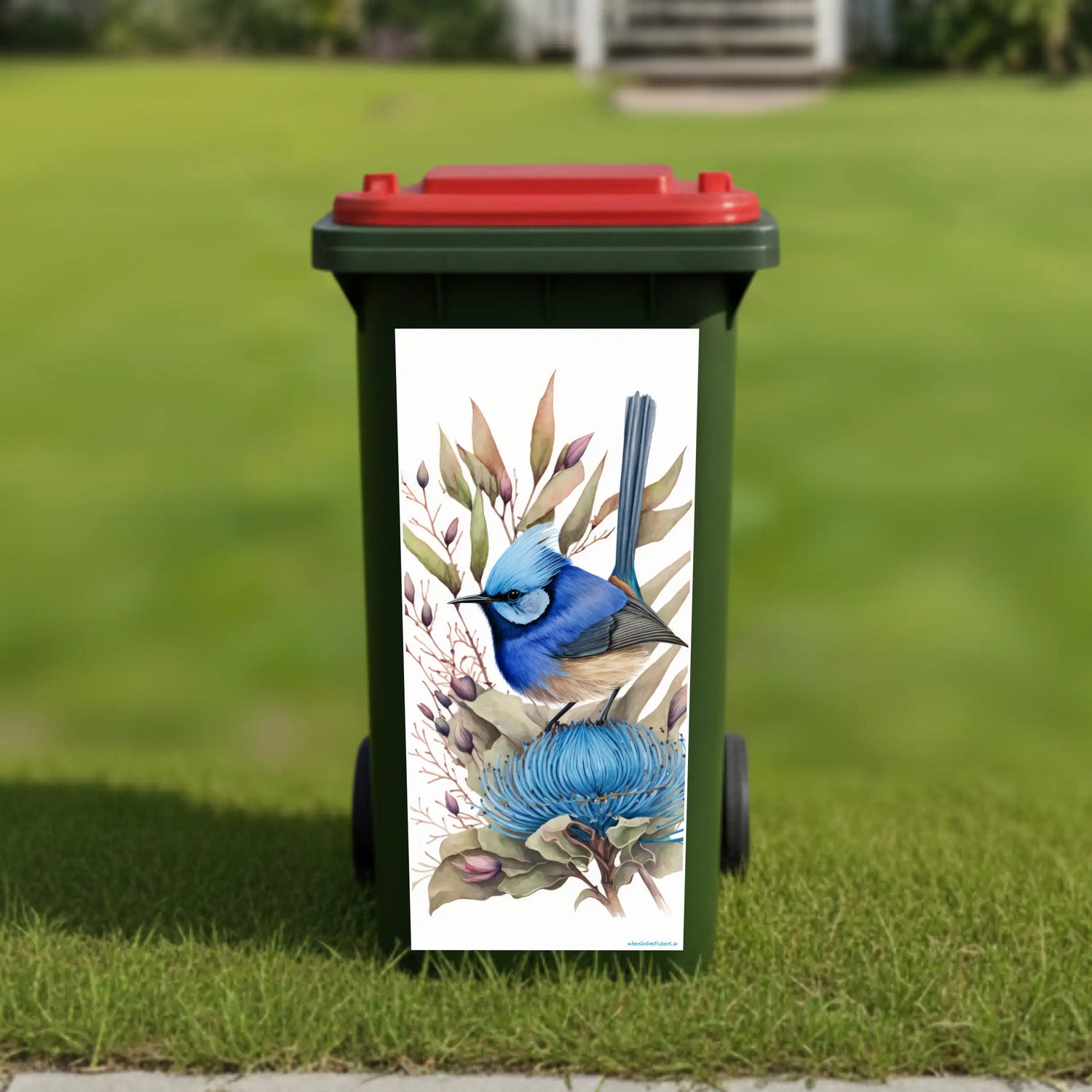Blue wren painting wheelie bin sticker