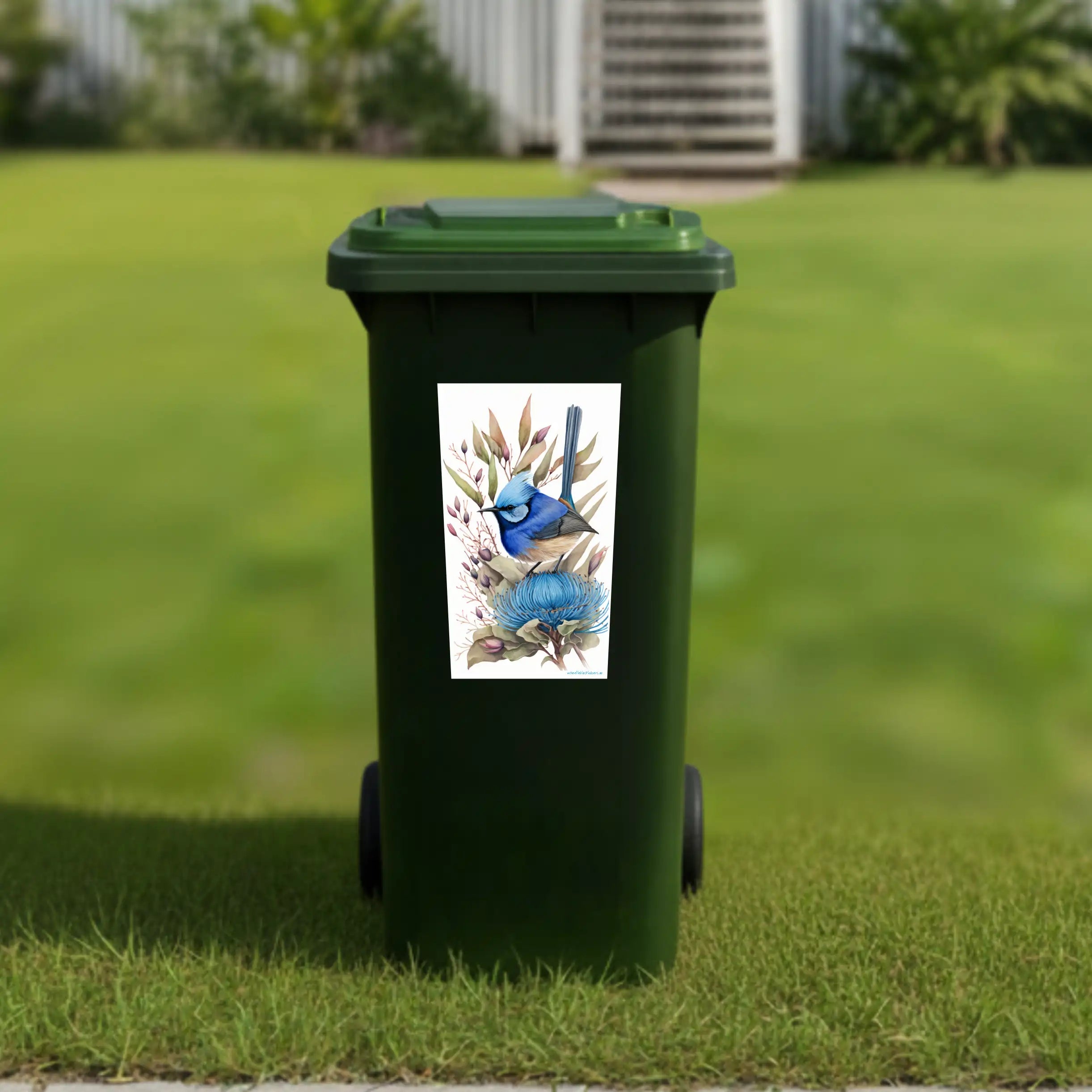 Blue wren painting wheelie bin sticker
