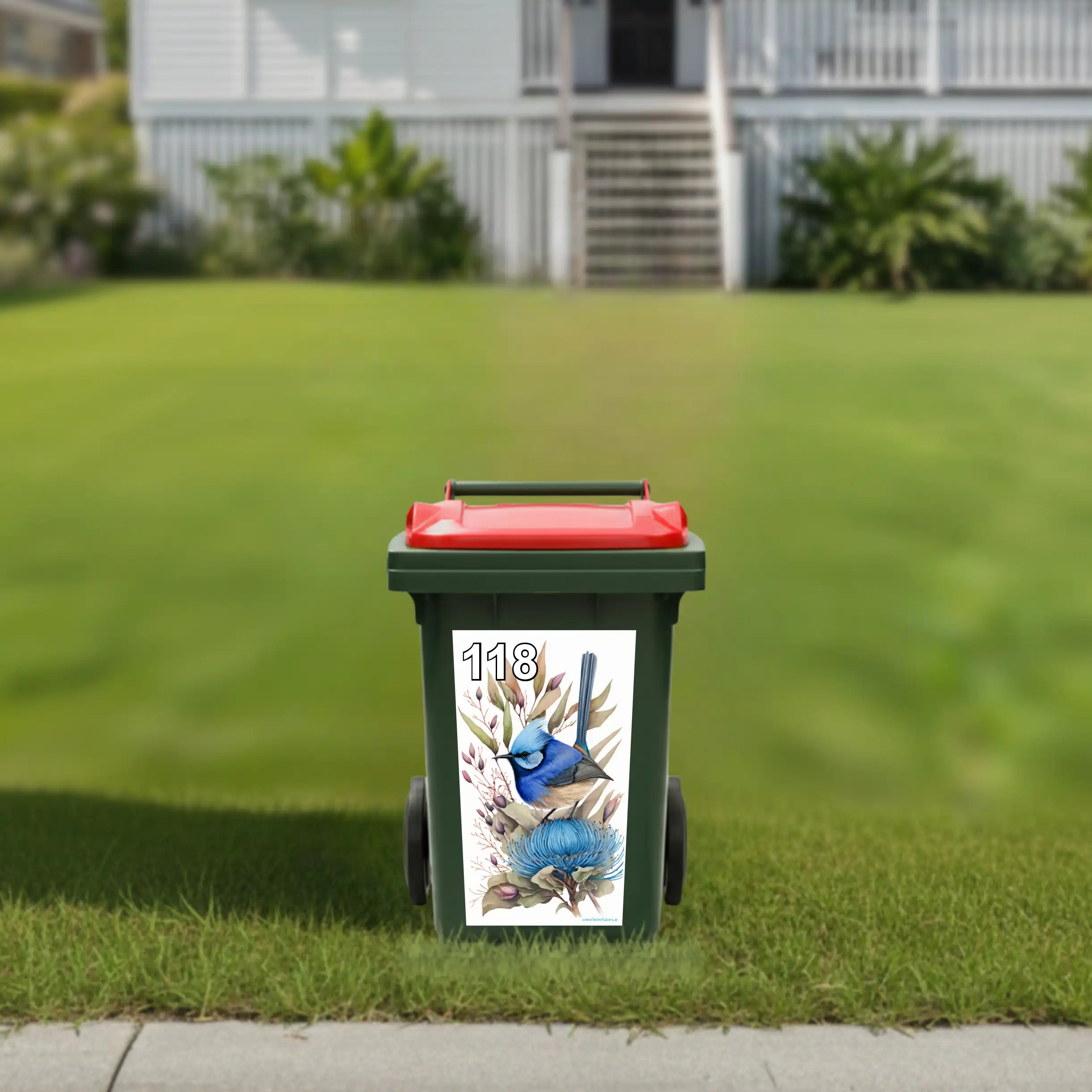 Blue wren painting wheelie bin sticker