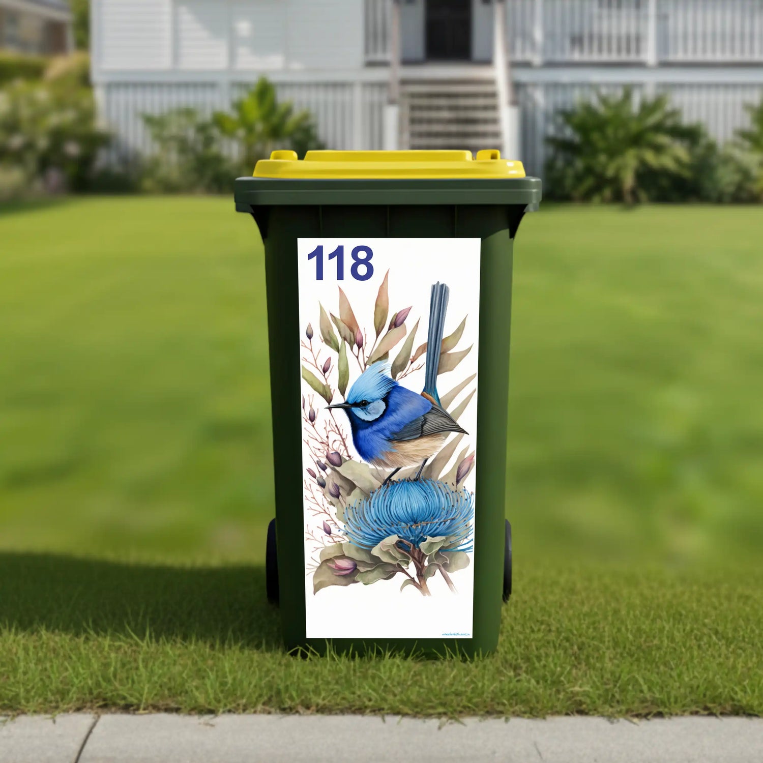 Blue wren painting wheelie bin sticker