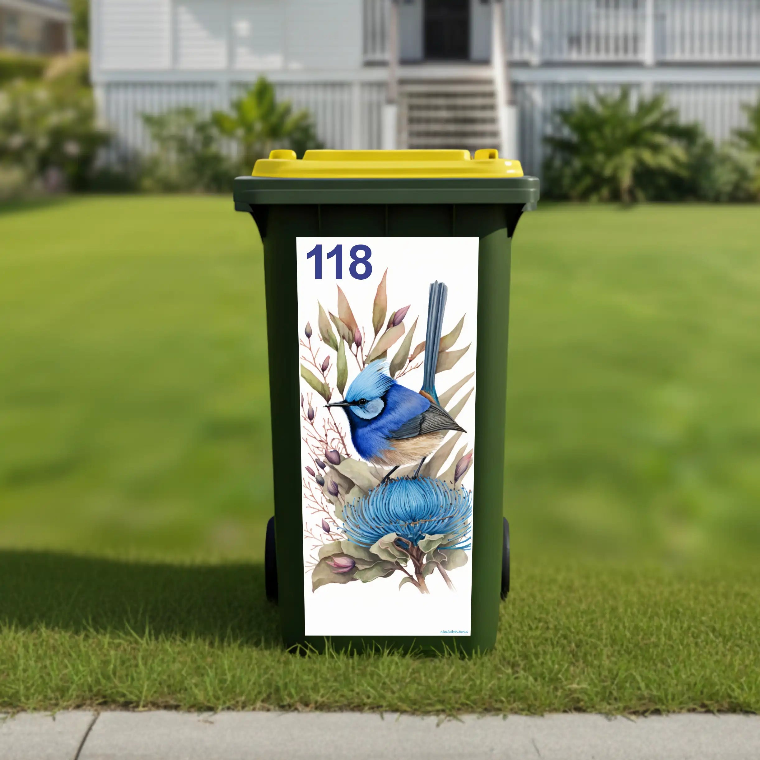 Blue wren painting wheelie bin sticker