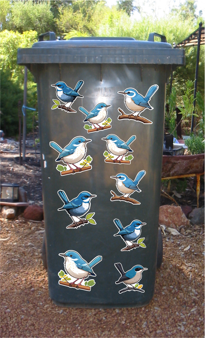 Blue wren stickers for wheelie bins