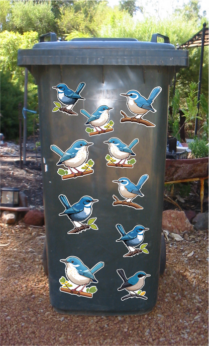Blue wren stickers for wheelie bins