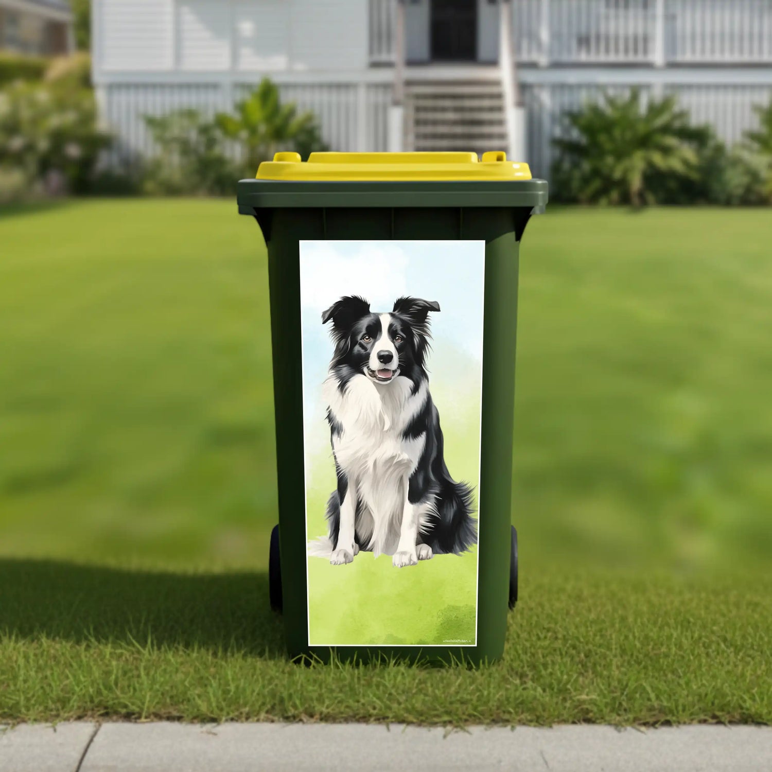 Border Collie wheelie bin stickers Australia featuring realistic dog artwork