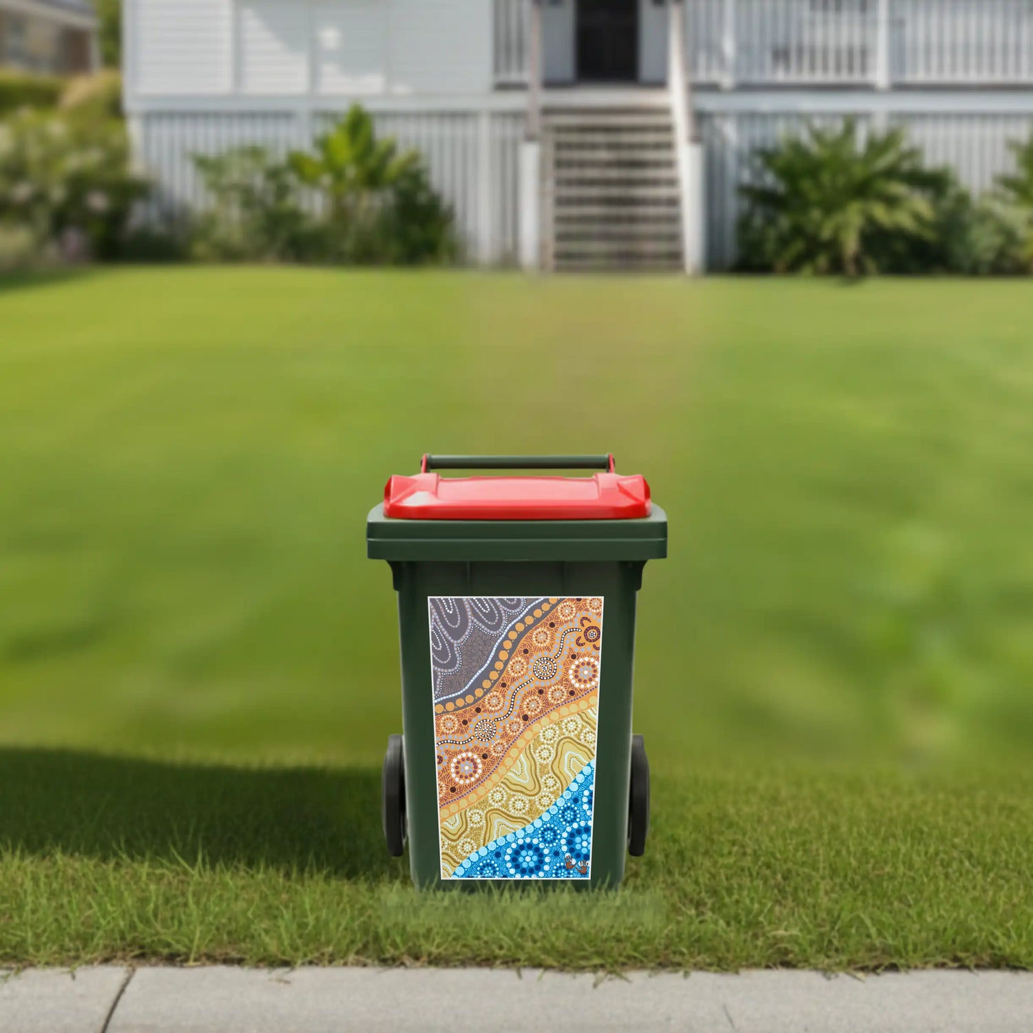 Camping by the Water wheelie bin stickers Australia with Aboriginal-inspired dot art design