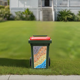 Camping by the Water wheelie bin stickers Australia with Aboriginal-inspired dot art design
