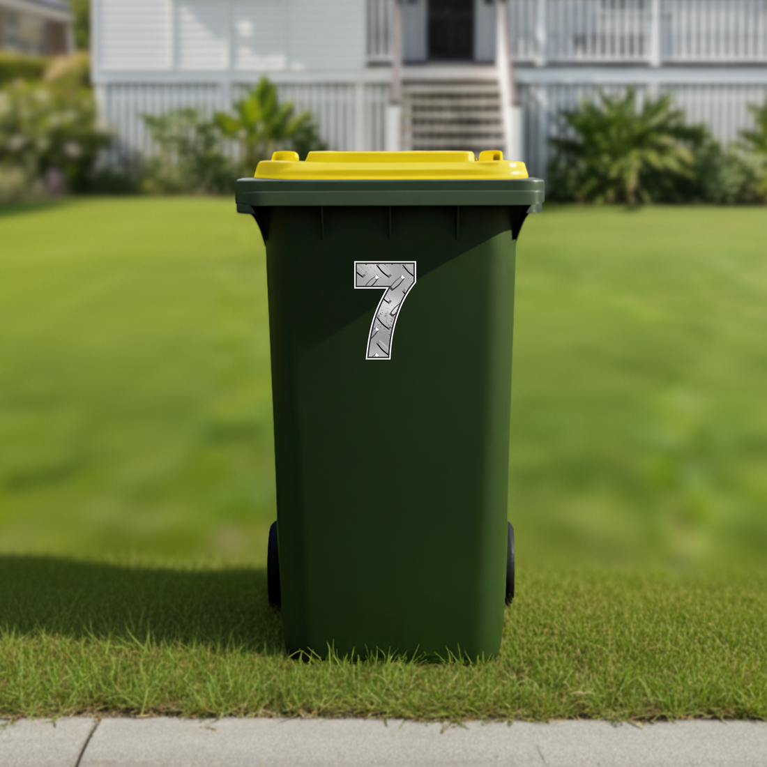 House number stickers for wheelie bins - Checkerplate, Rainbow &amp; Blue Swirl