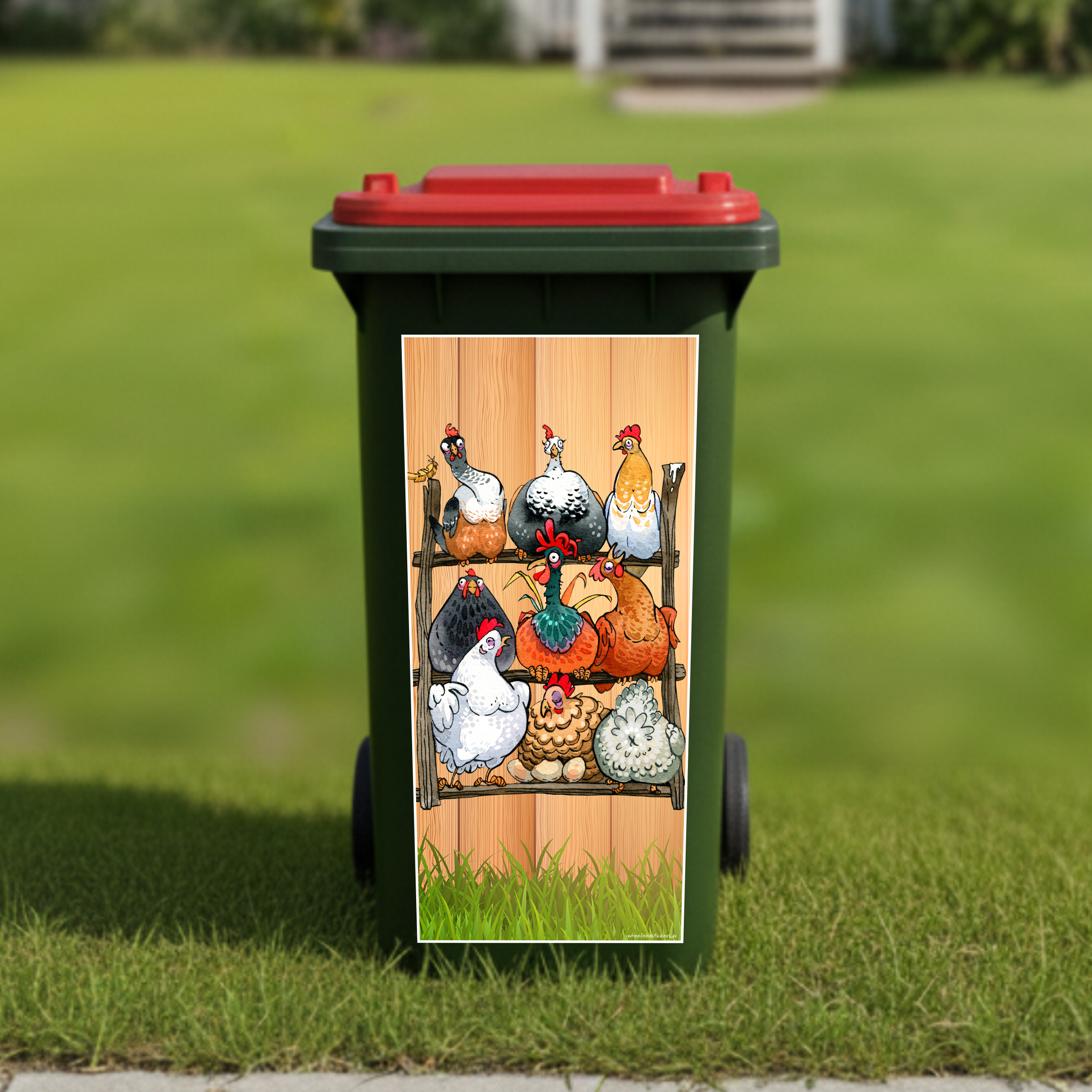 Chooks on a perch wheelie bin sticker