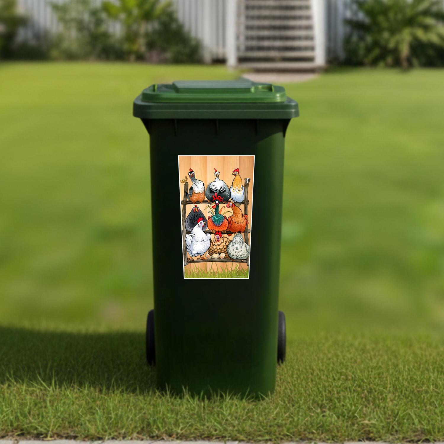 Chooks on a perch wheelie bin sticker