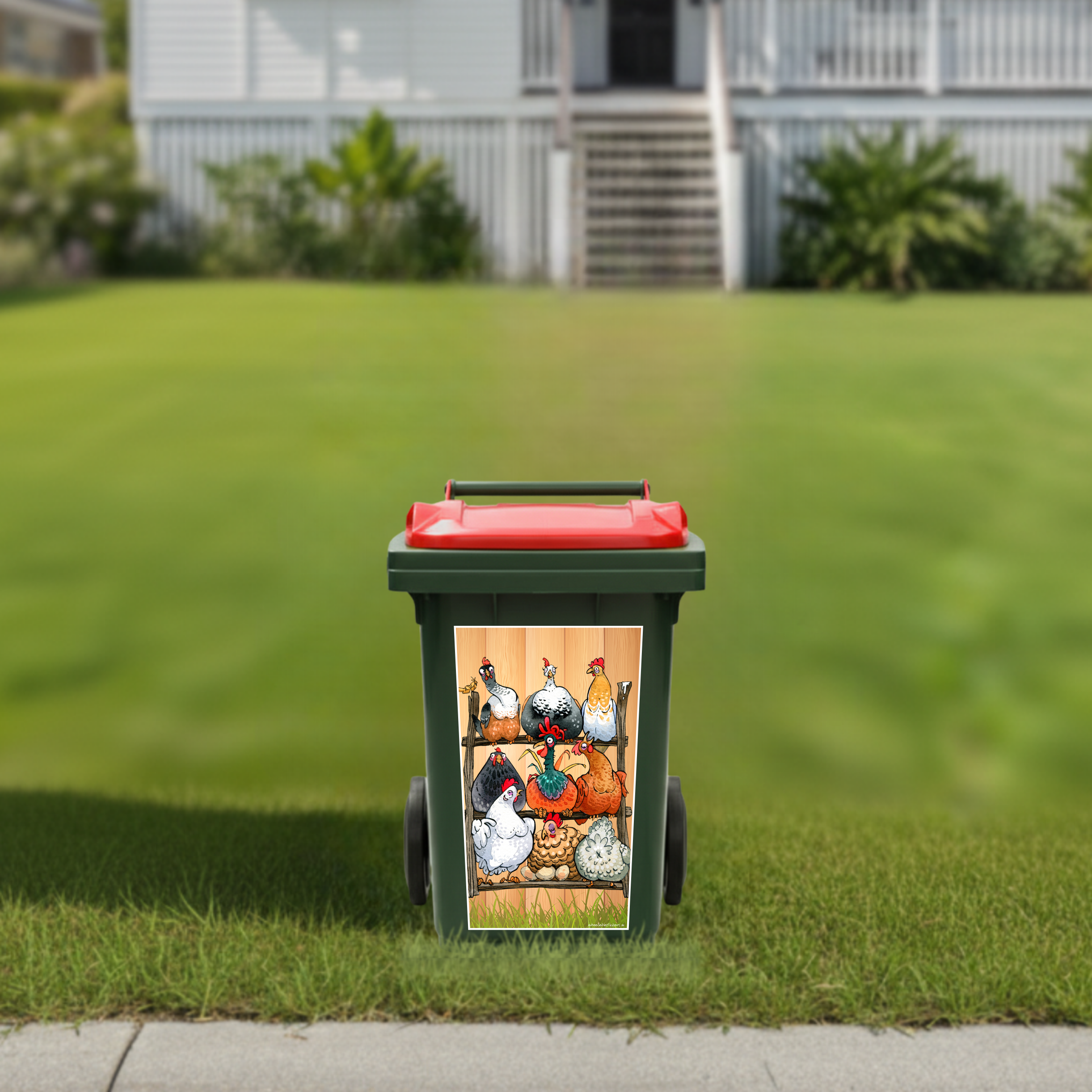 Chooks on a perch wheelie bin sticker