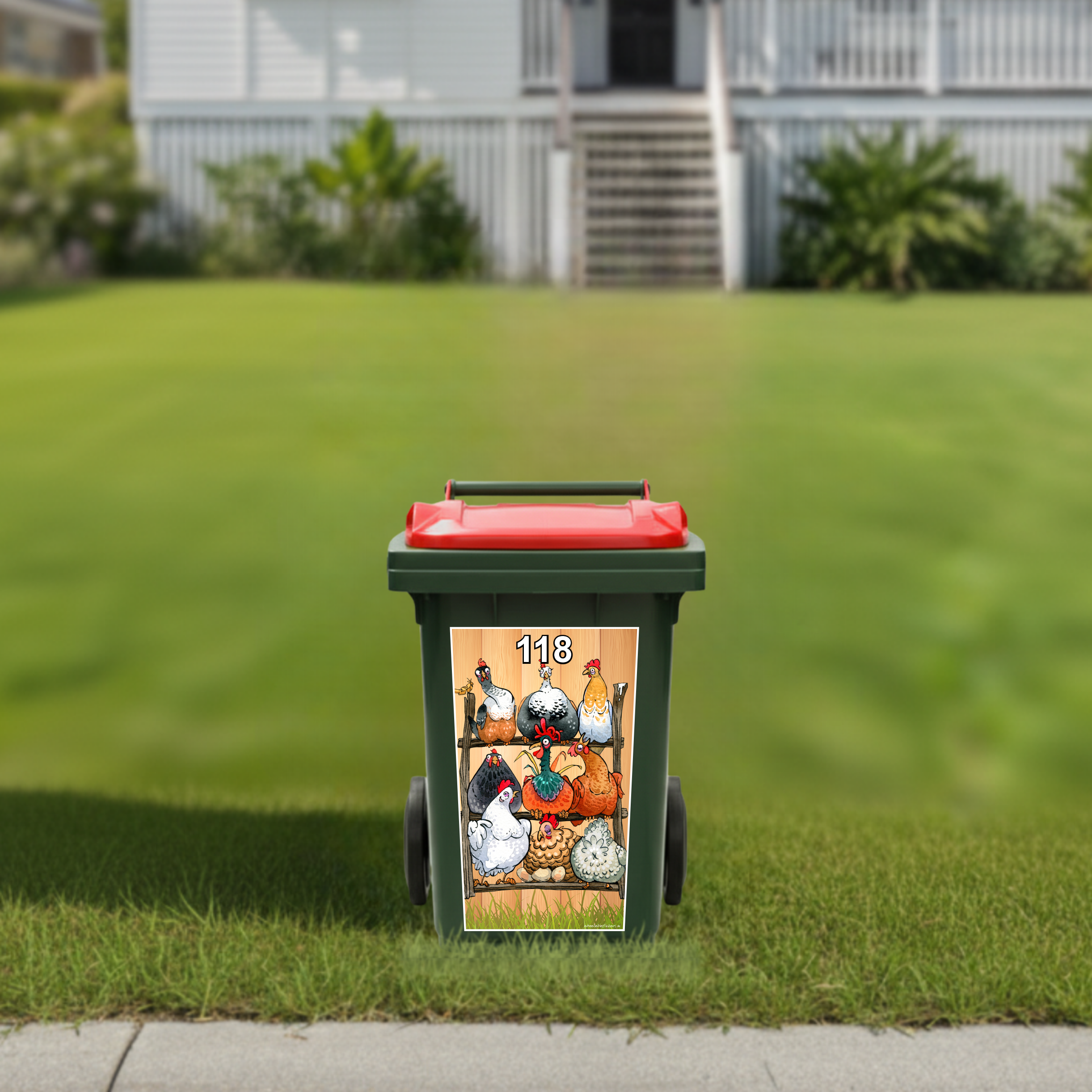 Chooks on a perch wheelie bin sticker