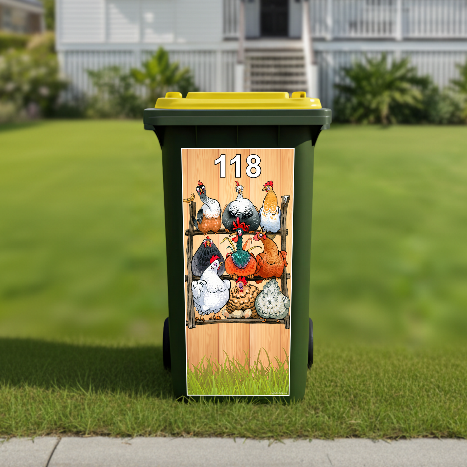 Chooks on a perch wheelie bin sticker