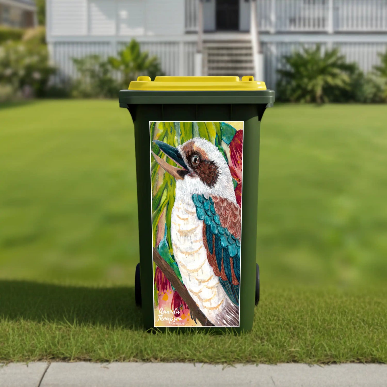 Kookaburra wheelie bin stickers Australia featuring colourful Australian bird artwork