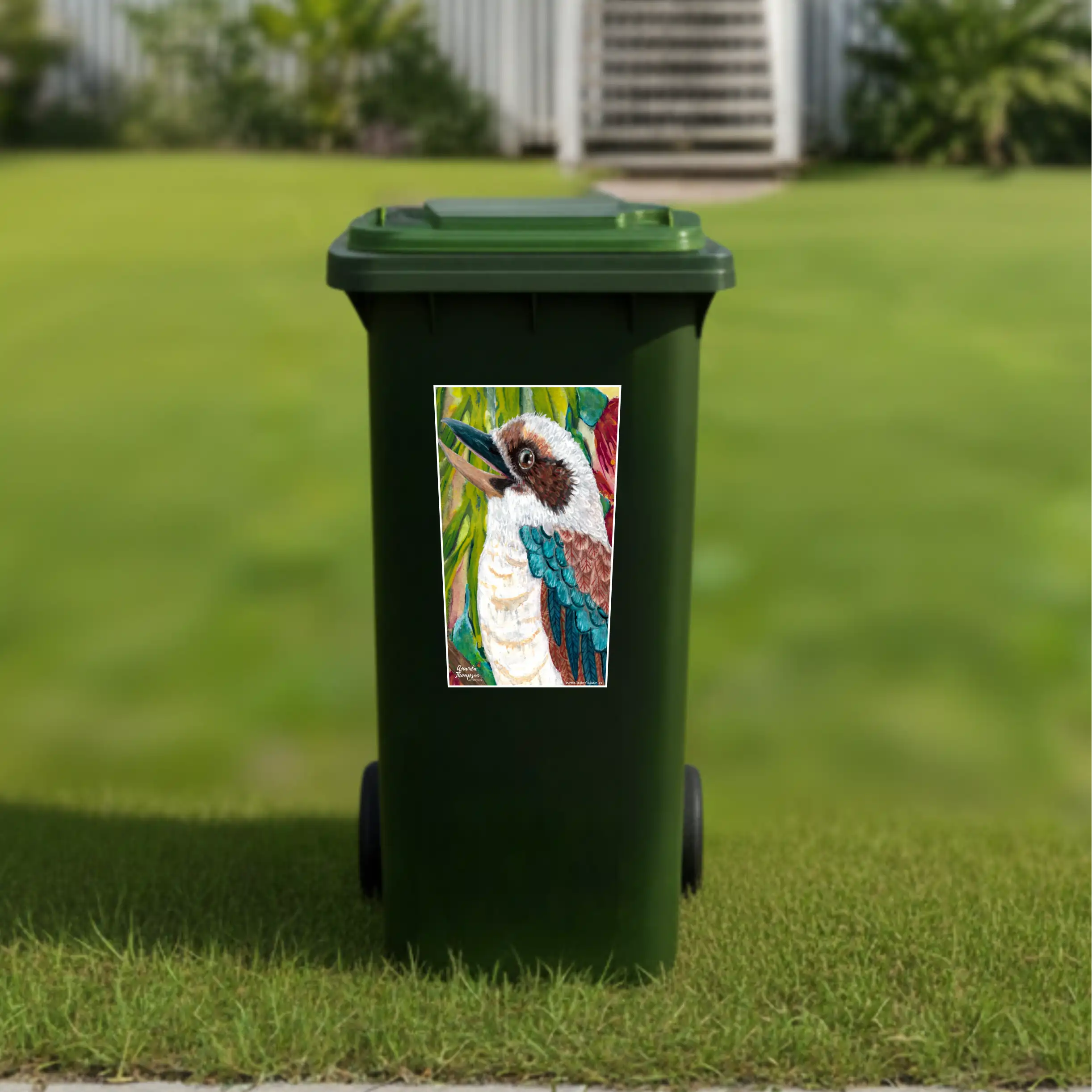 Kookaburra wheelie bin stickers Australia featuring colourful Australian bird artwork