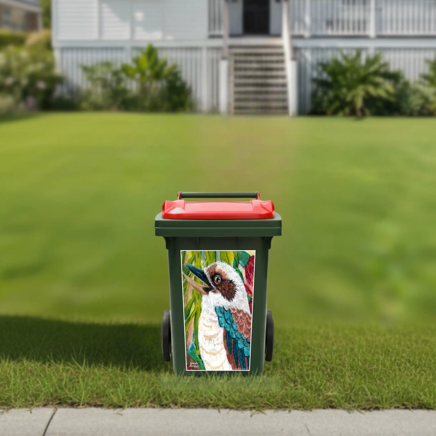 Kookaburra wheelie bin stickers Australia featuring colourful Australian bird artwork